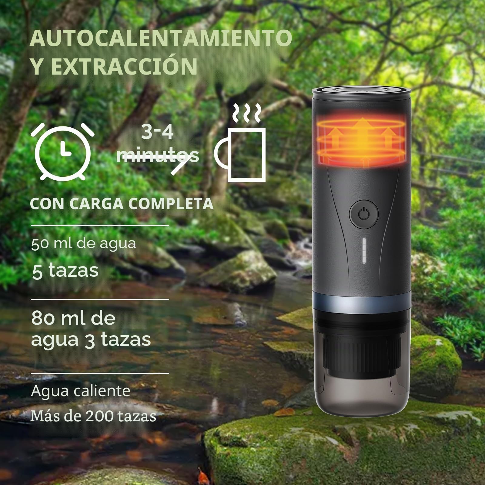 CERA+ Máquina de Espresso Eléctrica Portátil Auto-calentamiento en 3-4 Minutos, Cafetera Mini de 20 Bares con Batería Recargable. Compatible con Cápsulas NS y Café Molido para Viajes y Camping