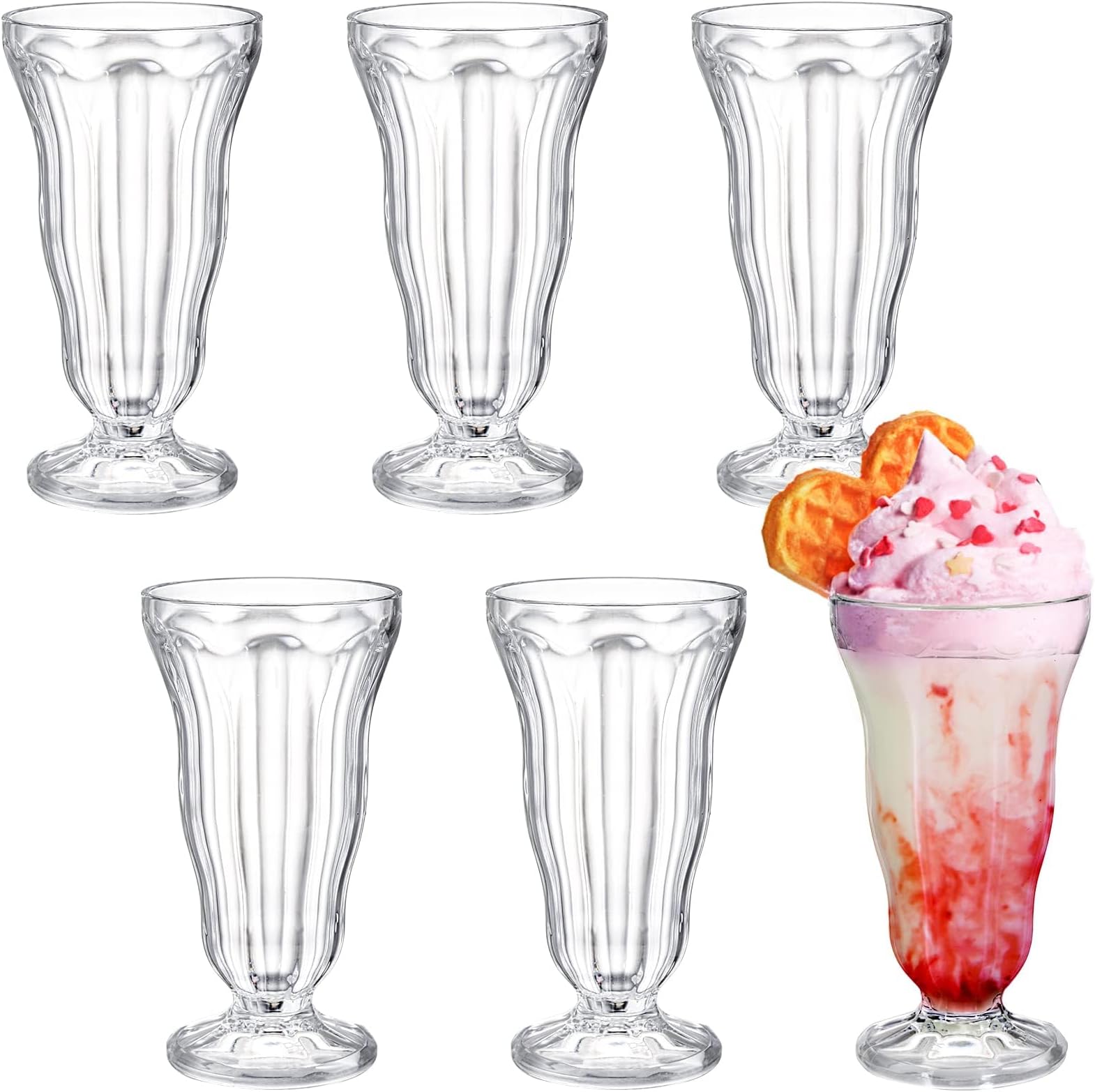 KASTWAVE 6 Pack Acrylic Milkshake Glasses – 15oz Shatterproof Footed Soda Glasses for Ice Cream, Juice, Pina Colada, Drinks, Parties, 420ML (Clear)