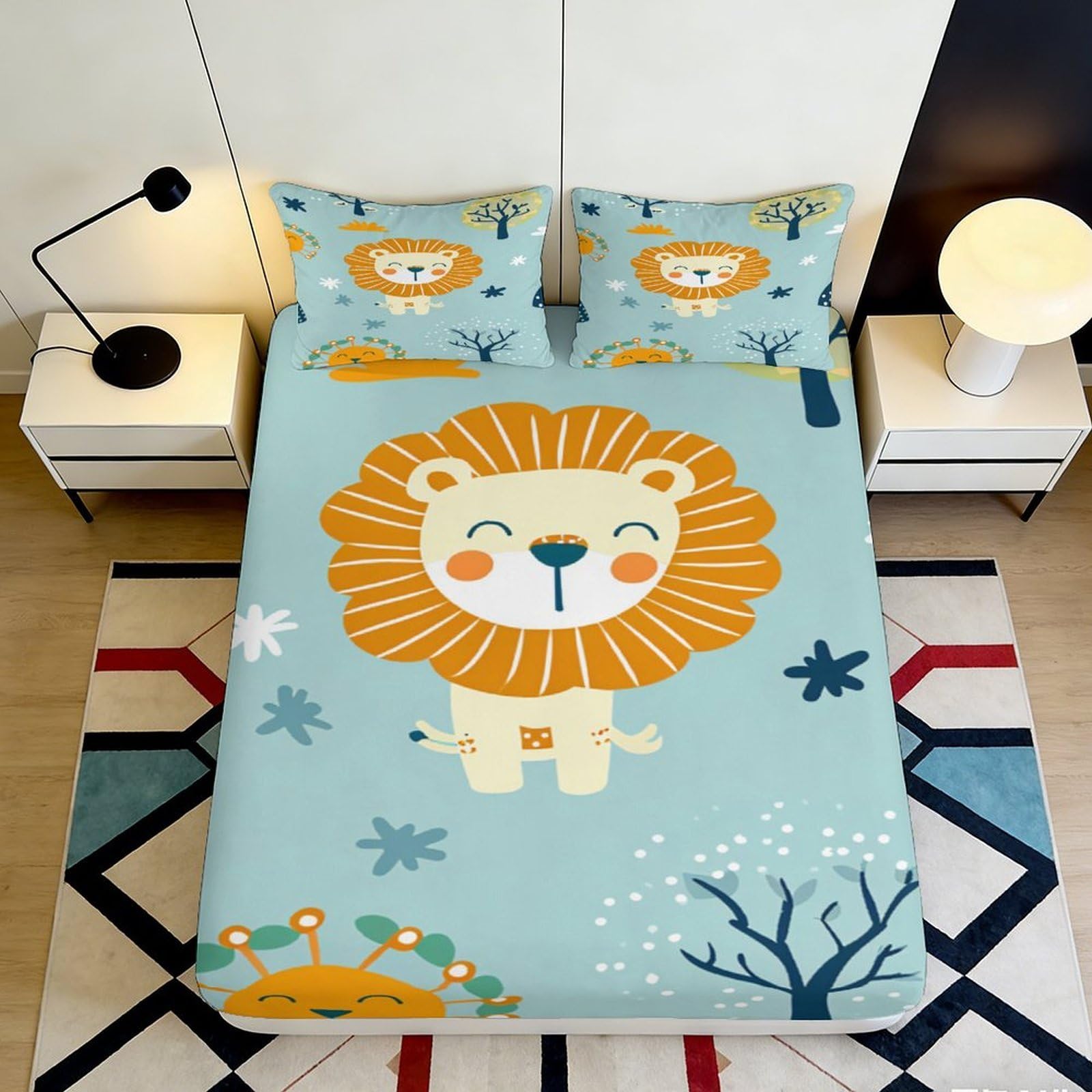 3D Printed Cartoon Lion Fitted Sheet Microfiber Anti-Slip Blue Jungle Mattress Cover for Bedroom Dorm Guest Room Decor 120x200cm 160x200x25cm