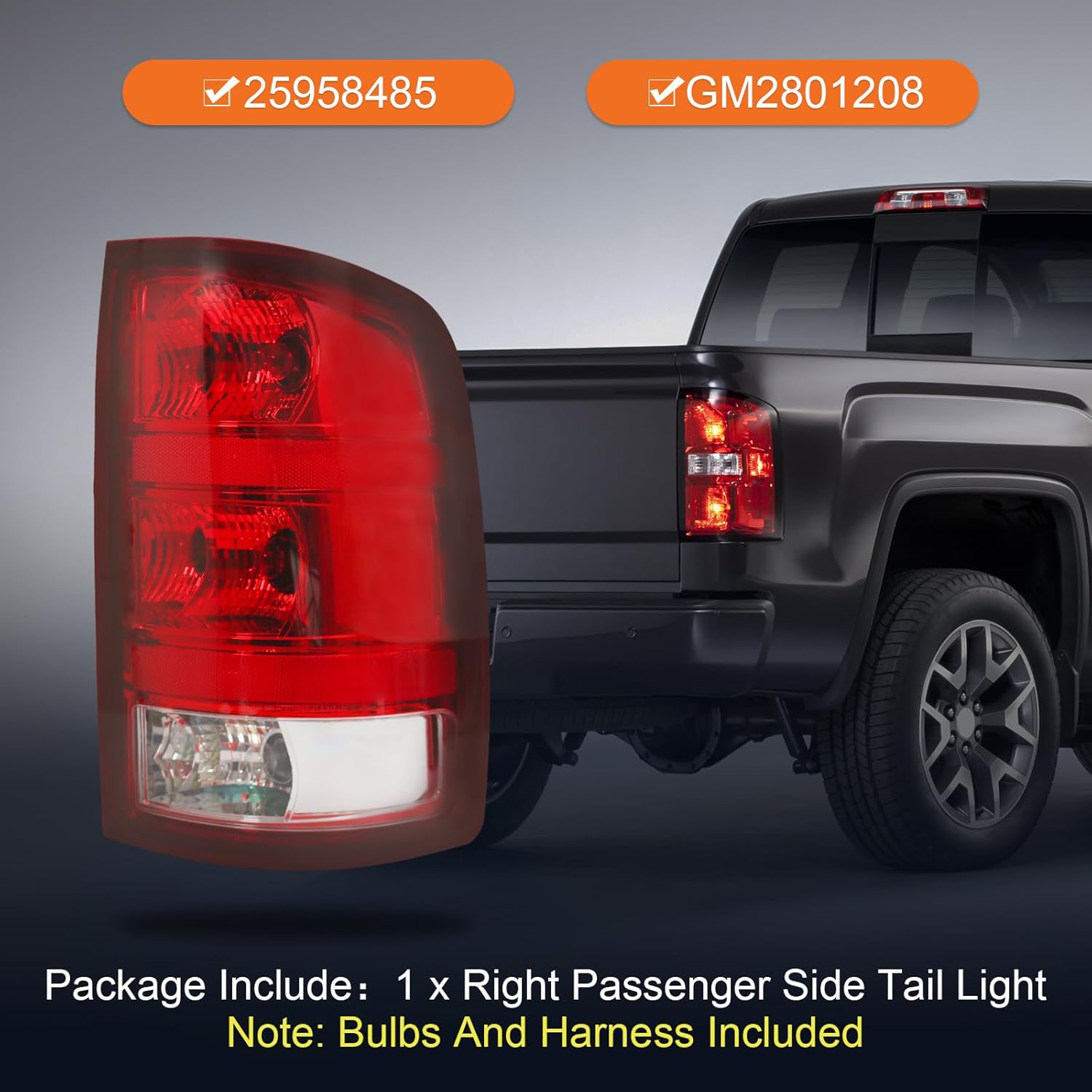 CARMOCAR Passenger Side Tail Light Rear Lamp Compatible with 2007-2013 GMC Sierra 1500,2007-2014 GMC Sierra 2500 HD 3500HD 25958485 GM2801208 Right Tail Light With Bulbs Harness
