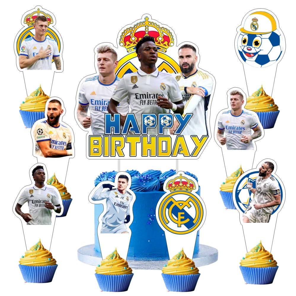 25pcs Madrid Football Cake Decorations with 1pcs Cake Topper, 24pcs Cupcake Toppers for Soccer Birthday Party Supplies