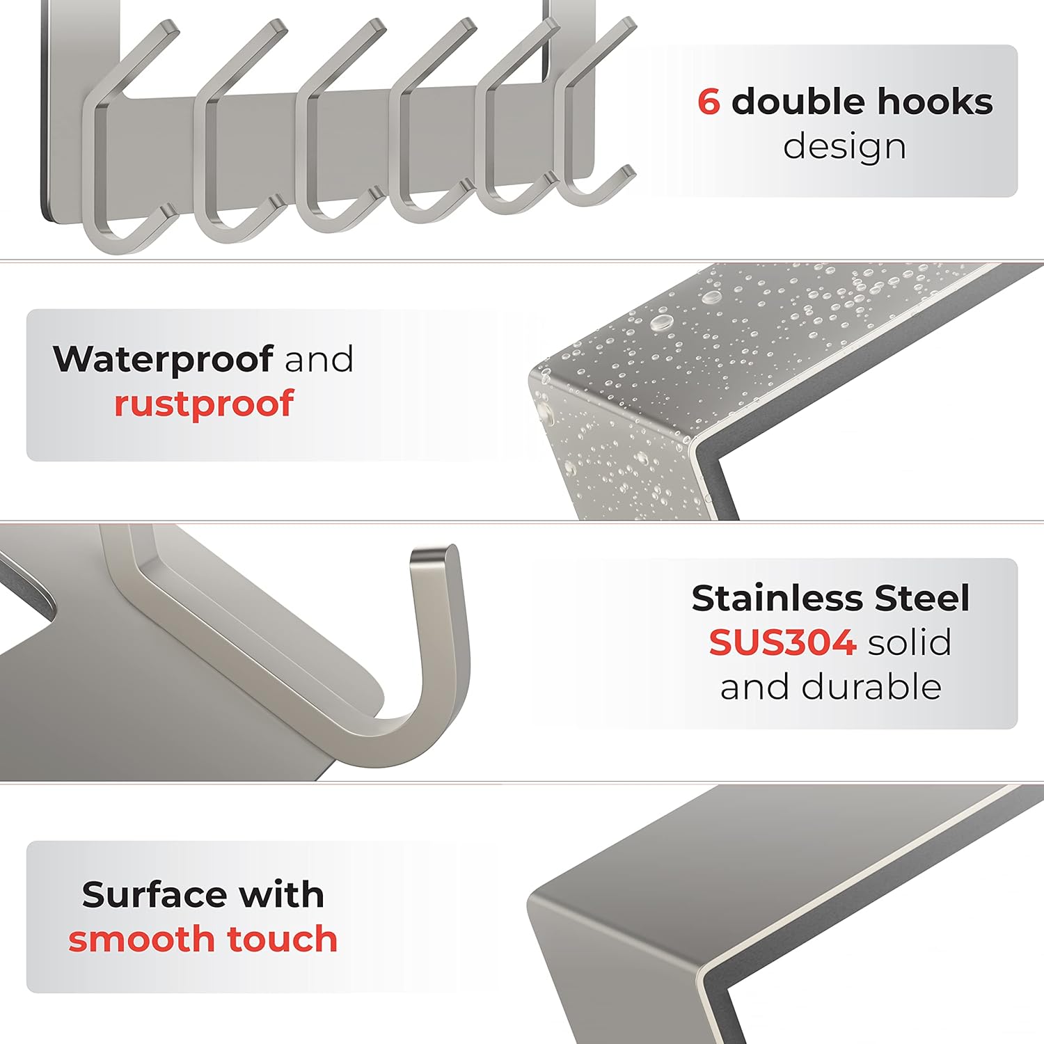Brushed Nickel Over The Door Hooks, Heavy Duty Stainless Steel Door Hanger with 6 Double Hooks for Hanging Towels, Coats, Robes, Hats, Bags, No Drill Over Door Towel Rack for Bathroom, Bedroom, 2 Pack