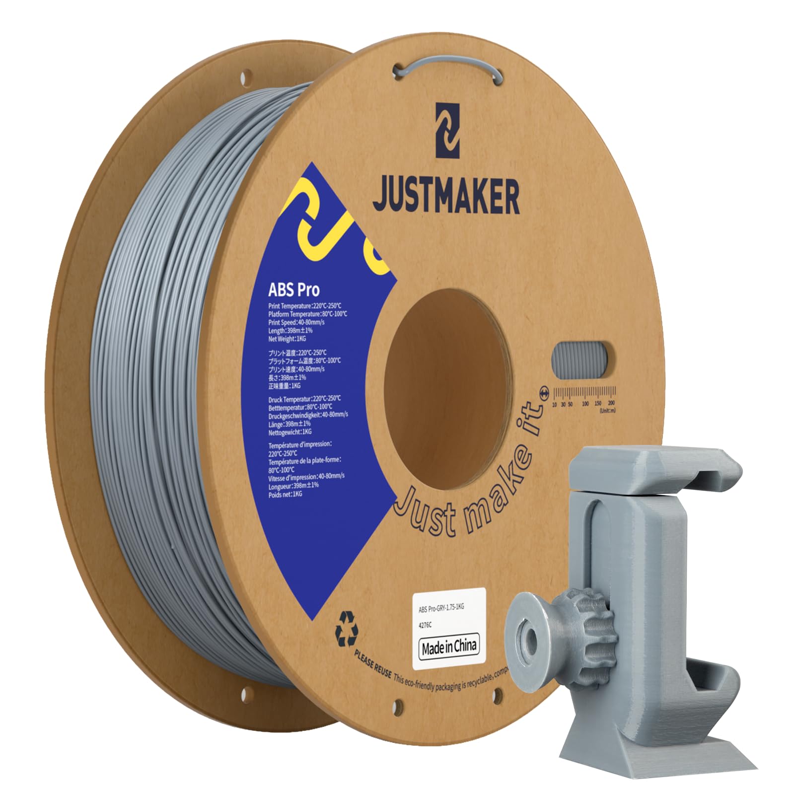 JUSTMAKER ABS PRO (ABS+) 3D Printer Filament, Upgraded Strength Heat Resistant Filament, Cardboard Spool, -0.03mm, 1.75mm, 1 kg (2.2 lbs), Blue Gray