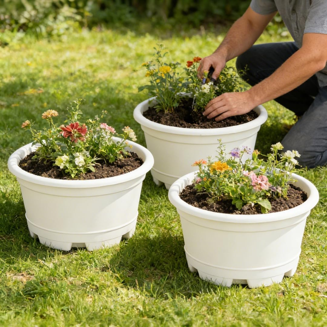KPUVX 5 Pack 10.5 inch Plant Pots,Planter-Pots-for-Plants，Plastic Flower Pot for Indoor Outdoor Plants with Drainage Holes & Trays, Decorative Garden Containers Sets for Houseplants