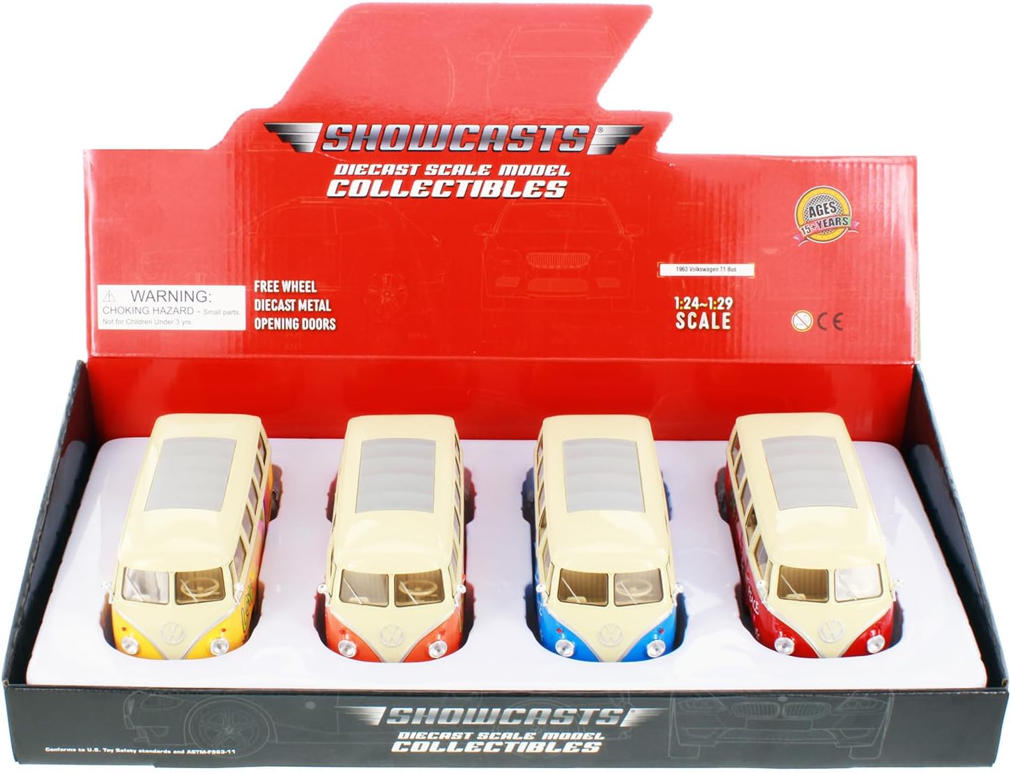 Box of 4 1963 Volkswagen Classical T1 Bus w/Love/Peace Decals, ASSTD 22095A1/4D - 1/24 Scale Diecast Model Cars