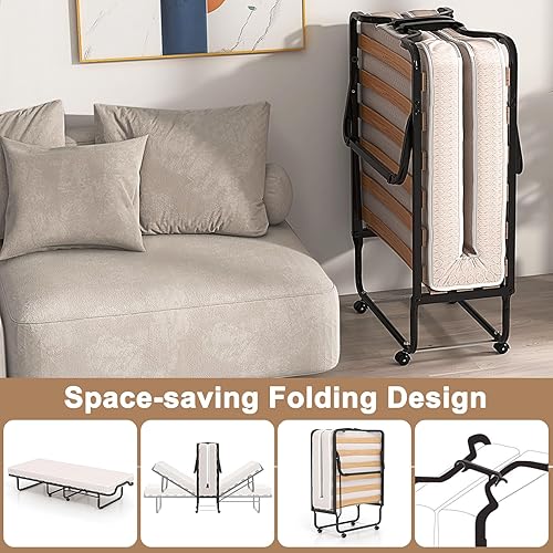 Miniatura 5 de Cama plegable con colchón, cama de plataforma con marco de acero y listones de madera, cama de invitados plegable con colchones de espuma
