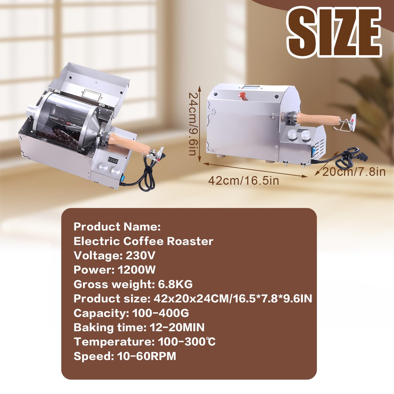 Torrefazione elettrica per chicchi di caffè per la casa, in acciaio inossidabile da 1200 W, capacità 100-400 g, temperatura regolabile, per torrefazione fai da te in piccoli lotti