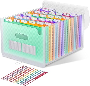 ThinkTex Accordion File Organizer, 26 Pockets Expanding File Folders,Green | Monthly Bill Receipt Documents Organizer, A-Z Colorful Tabs, Letter/A4 Size for Classroom Office Organization Home Hospital