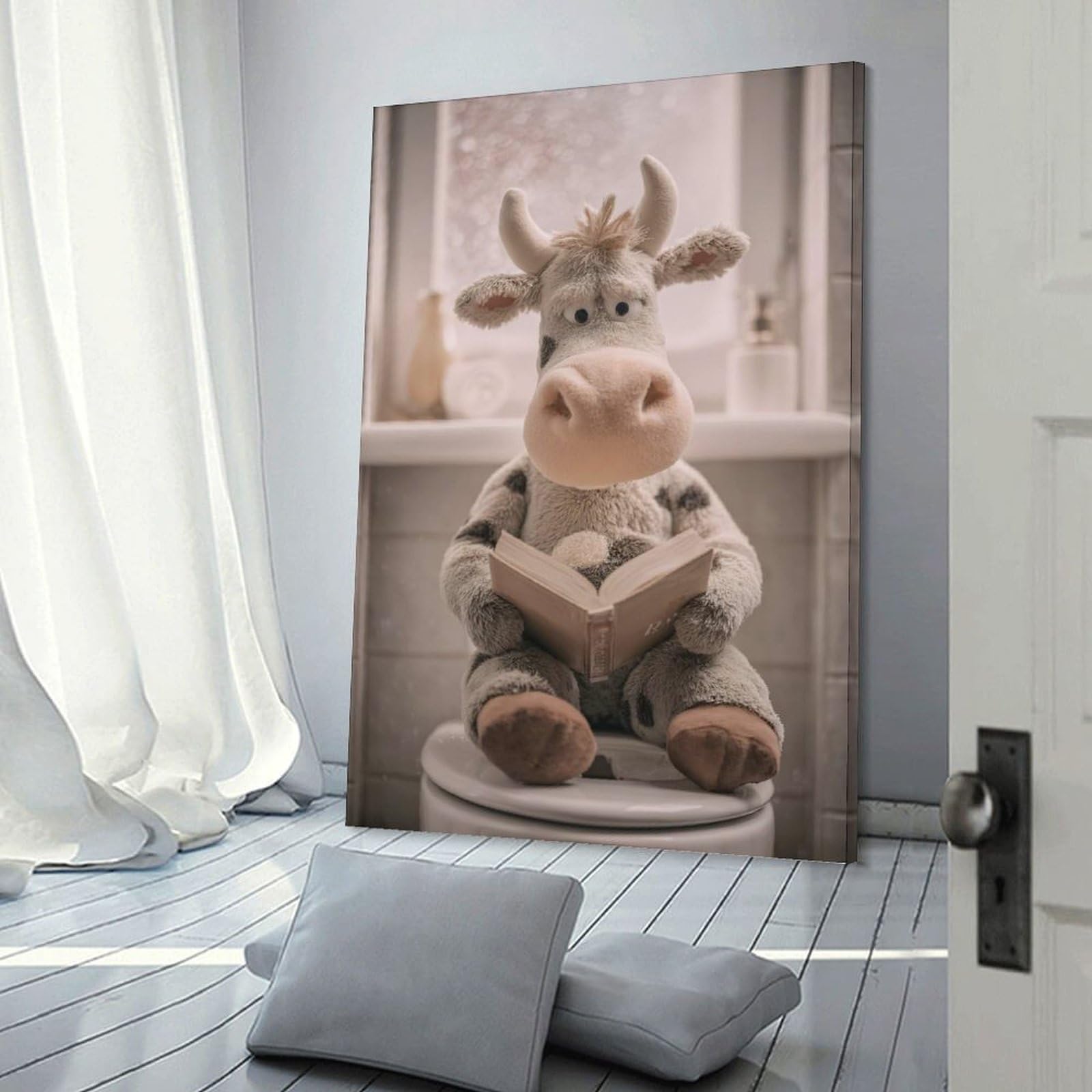 Junmoney Frame-Style Decorative Wall Artwork Cow Plush Reading On Toilet, 08X12inch(20X30cm), For New Homes, Bedrooms Or Workspaces, Canvas Artwork With Gifting Potential