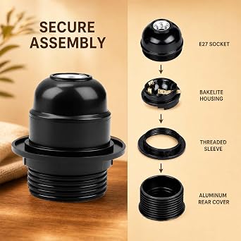 E27 Lamp Holder 6 Pack, Black Plastic Edison Screw Socket