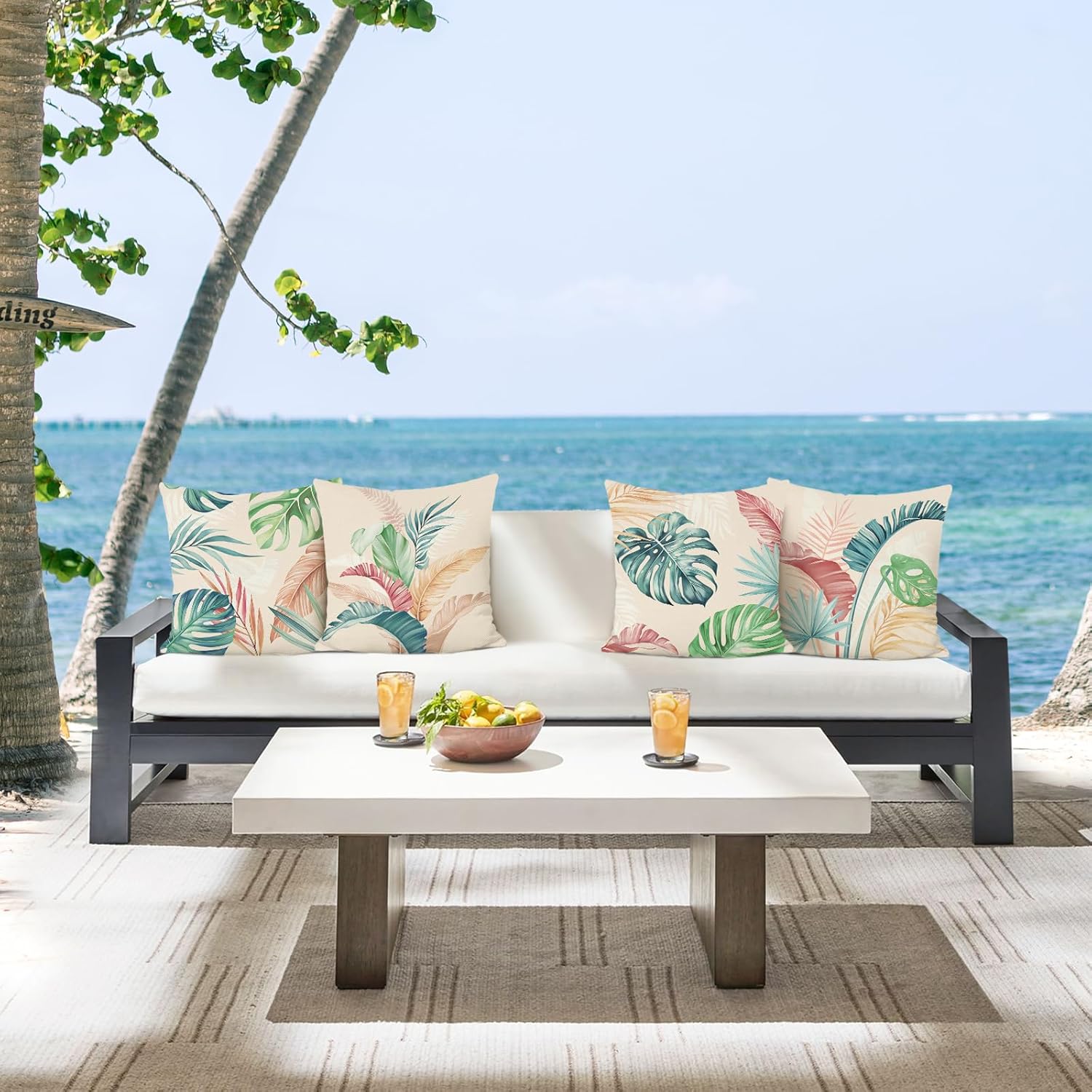 Bonhause Tropical Leaves Throw Pillow Covers 18 x 18 Inch Set of 4 Pink Green Palm Leaf Polyester Linen Decorative Pillow Cases for Couch Sofa Bed Home Garden Outdoor Décor - Image 2