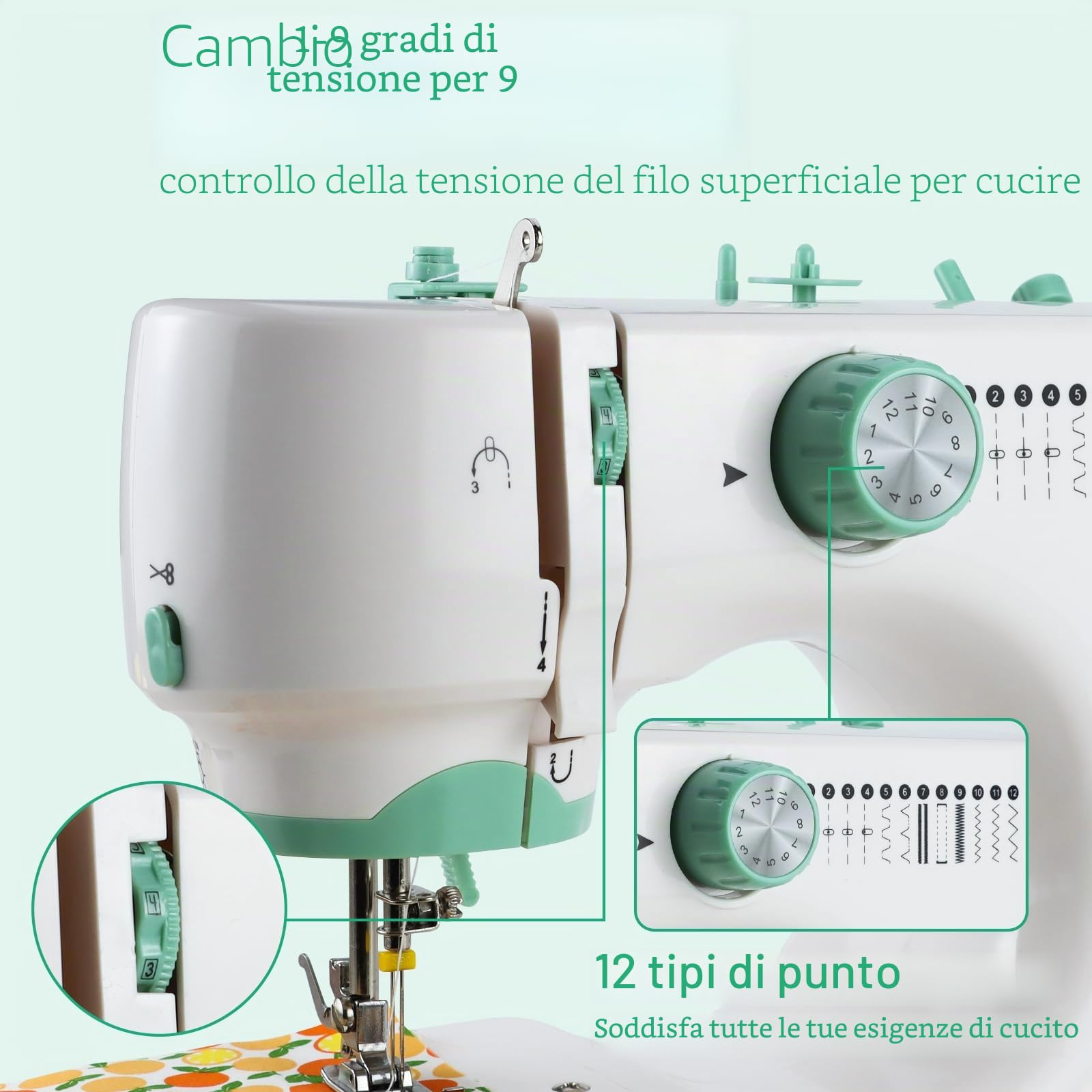 Macchina da Cucire Elettrica Portatile con Piede a Doppio Intercambiabile | 12 Punti Regolabili, Kit Completo con 20 Stoffe Floreali, Pedale & 60+ Accessori per Principianti, Fai da Te