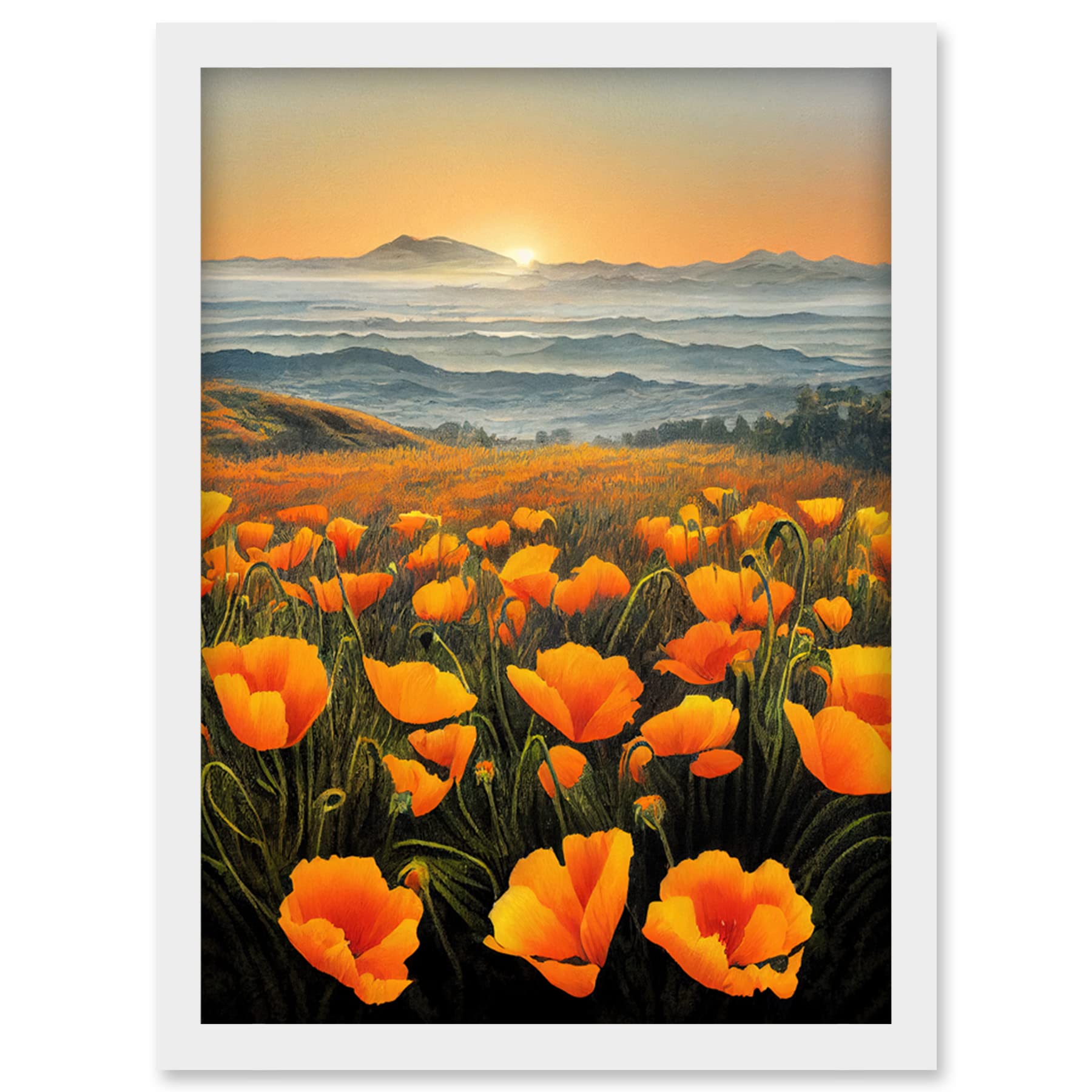 Shoreline California Poppies Sunrise Painting - Framed Wall Art Print A4 - Artery8