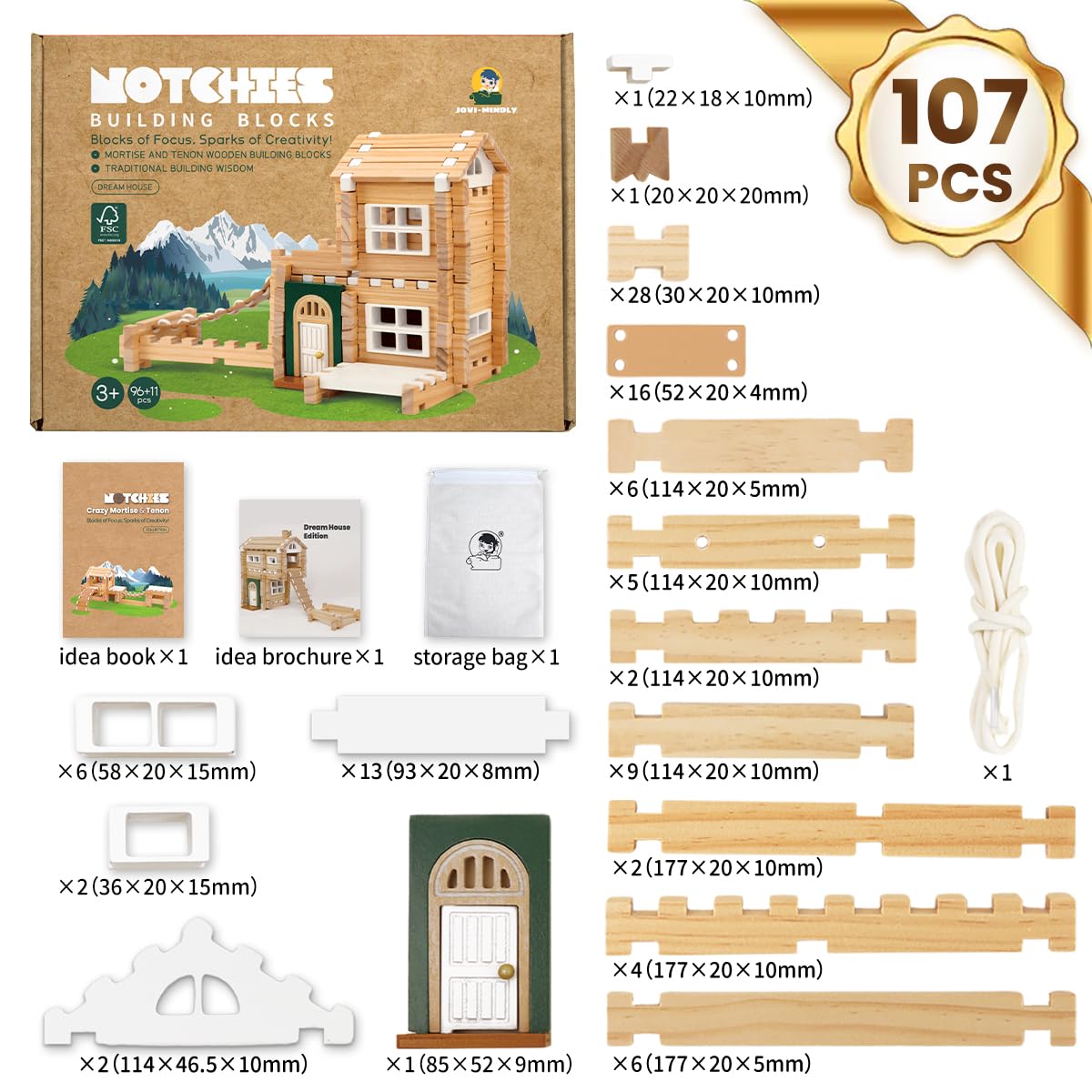 Jovi-mindly?Notchies 107 Pcs Wooden Blocks Toys with Door and Windows,Classic Old Fashioned Toys,Wooden Building Blocks for Kids Ages 4-8 Boys and Girls,FSC Certified,Graduate Gifts