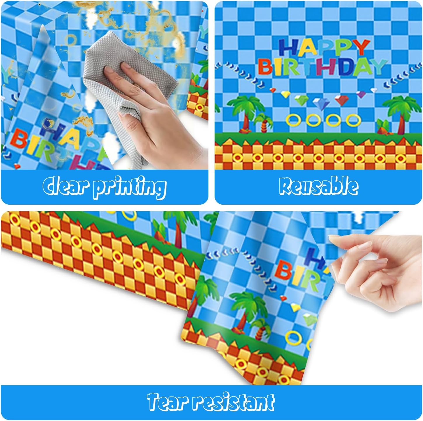 2Pcs Blue Hedgehog Tablecloth Birthday Decorations Disposable Hedgehog Baby Shower Tablecloth Supplies Cartoon Themed Cat Party Decorations