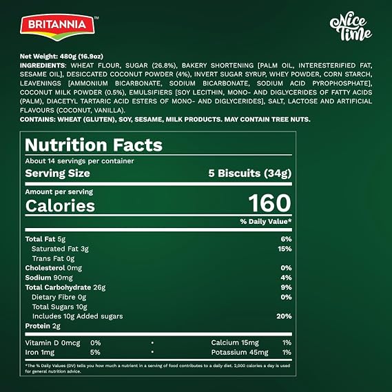 Britannia Nice Time 16.9oz (480g) - Delicious Coconut Biscuit Crunchy - Kids Favorite Breakfast & Tea Time Snacks (Pack of 6 * 80)