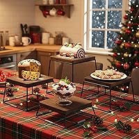 Vista 6 de MyGift Juego de exhibición de mesa de postre, 4 elevadores de alimentos, elevadores de bufé de madera marrón, soporte para pizza con base de alambre