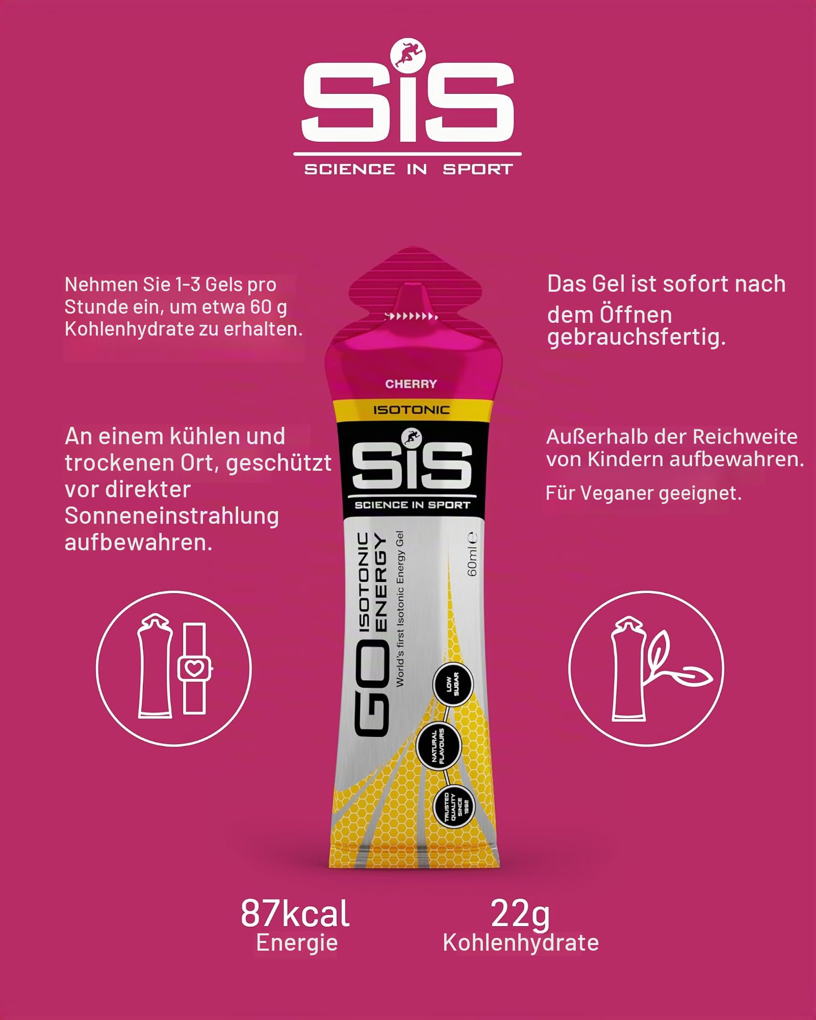 Science in Sport GO Isotonic Energy Gel 30 x 60ml Kirsche, Vegan - Isotonische Formulierung mit 22g Kohlenhydrate, Optimale Alternative für isotonische Getränke
