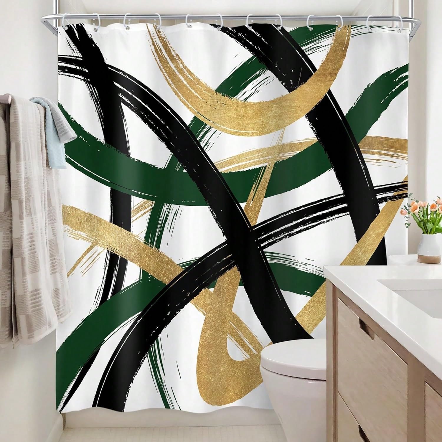 Schwarz-Weiß-Gold Abstrakter Duschvorhang Modernes Türkisgrünes Linienkunst Minimalistisches Einfaches Skizzen-Design Zeitgenössisches Badezimmer-Set (240 x 199 cm / 94 x 87 Zoll (B x H))