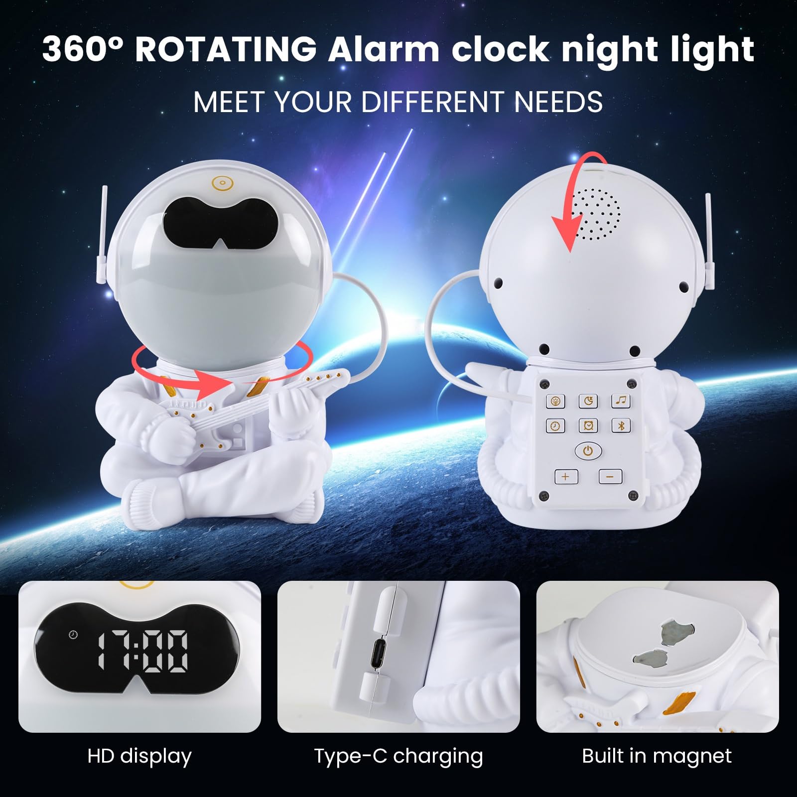 Astronaut Sunrise Wecker mit Bluetooth-Lautsprecher, Wecklicht für Das Schlafzimmer, Schlafhilfe-Nachtlicht & Dekoration, 10 Sounds & 7 Weiße Geräusche(A)