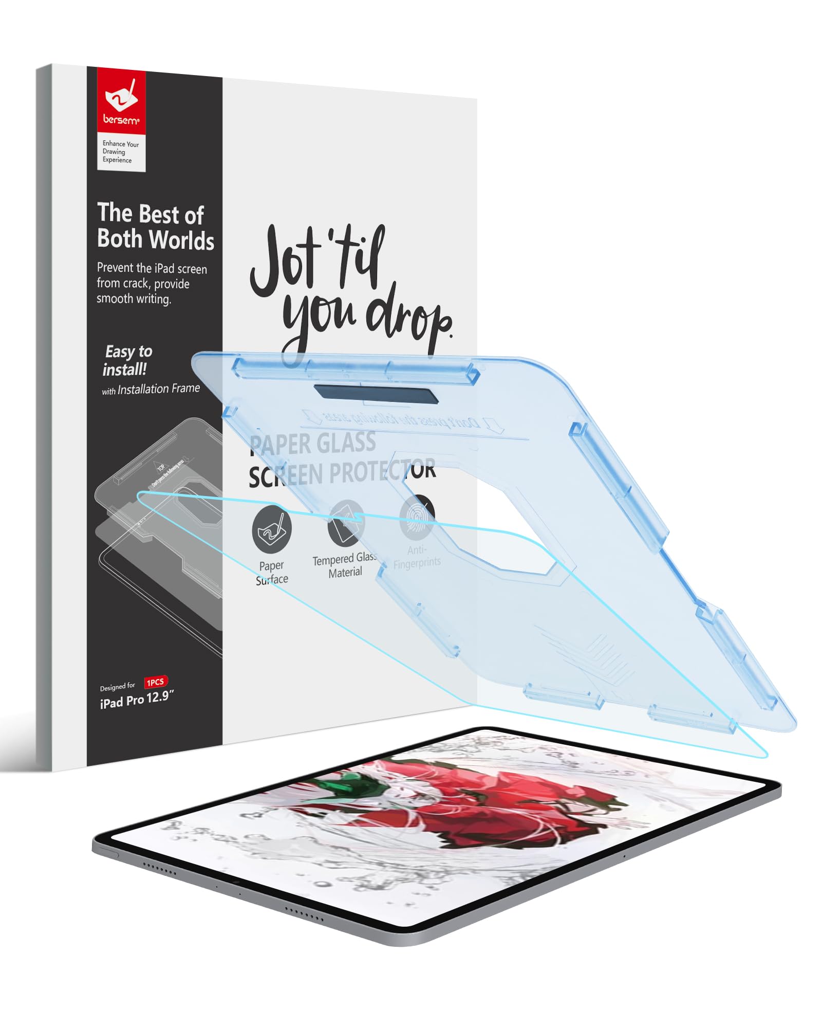 BERSEM Paperfeel Glass Screen Protector Compatible with iPad Pro 12.9 Inch (2022 & 2021 & 2020 & 2018), iPad Pro 12.9 6th / 5th / 4th / 3rd Generation, [Tempered Glass] [EZ Kit] [Auto Alignment]