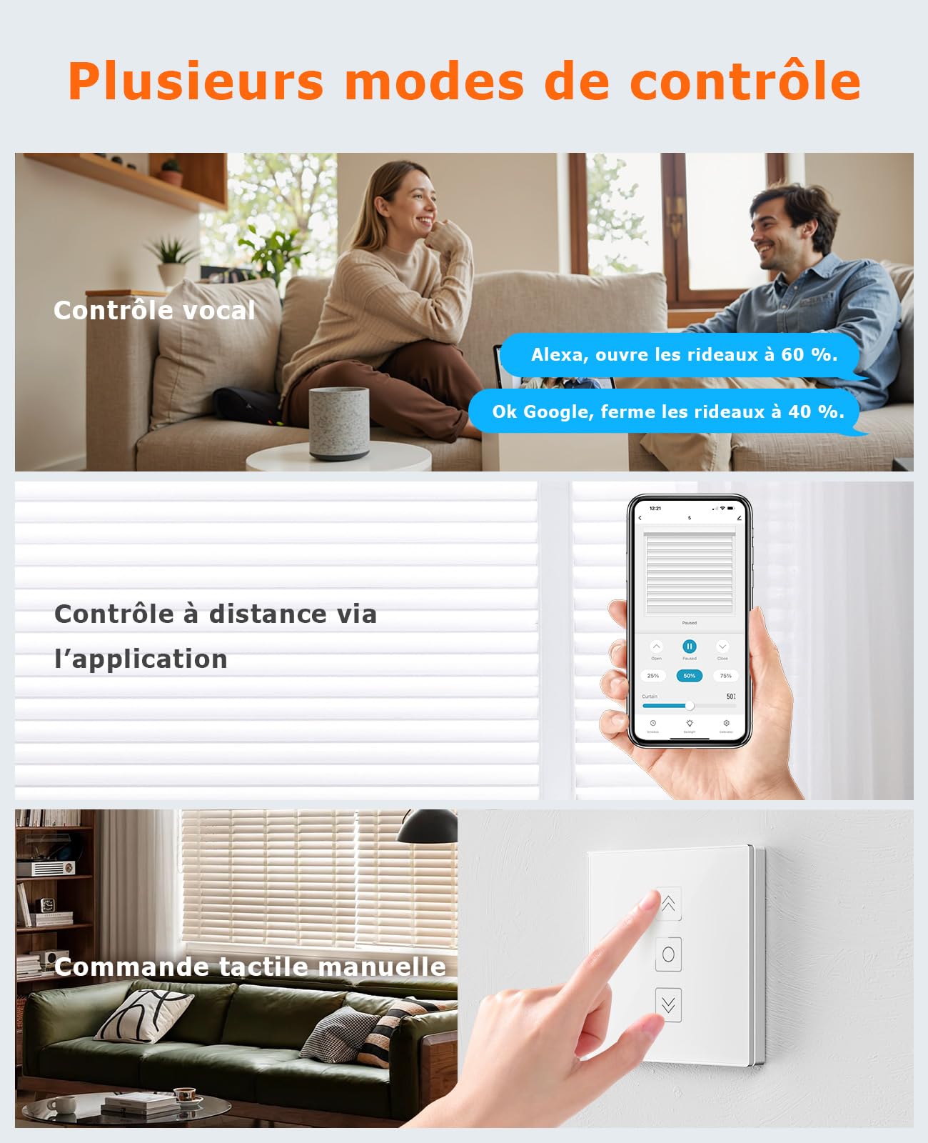 2 Pack Interrupteur Volet Roulant Connecté avec Fonction Pourcentage, Interrupteur Mural Commande Vocale Programmation pour Rideaux Compatible Alexa/Google Home/Smartlife (Blanc)