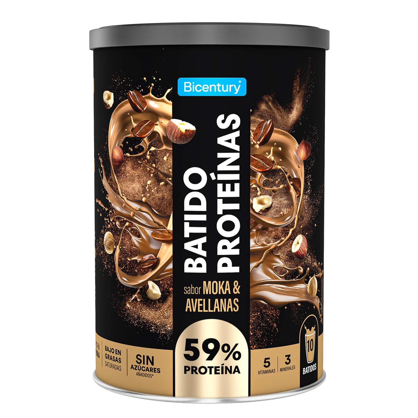 Bicentury Proteína en polvo Moka & Avellana, 20g de Proteína por porción, Sin Azúcares Añadidos, Bajo en Grasas, Ideal para recuperación muscular, 340 g, 10 raciones Moka & Avellana