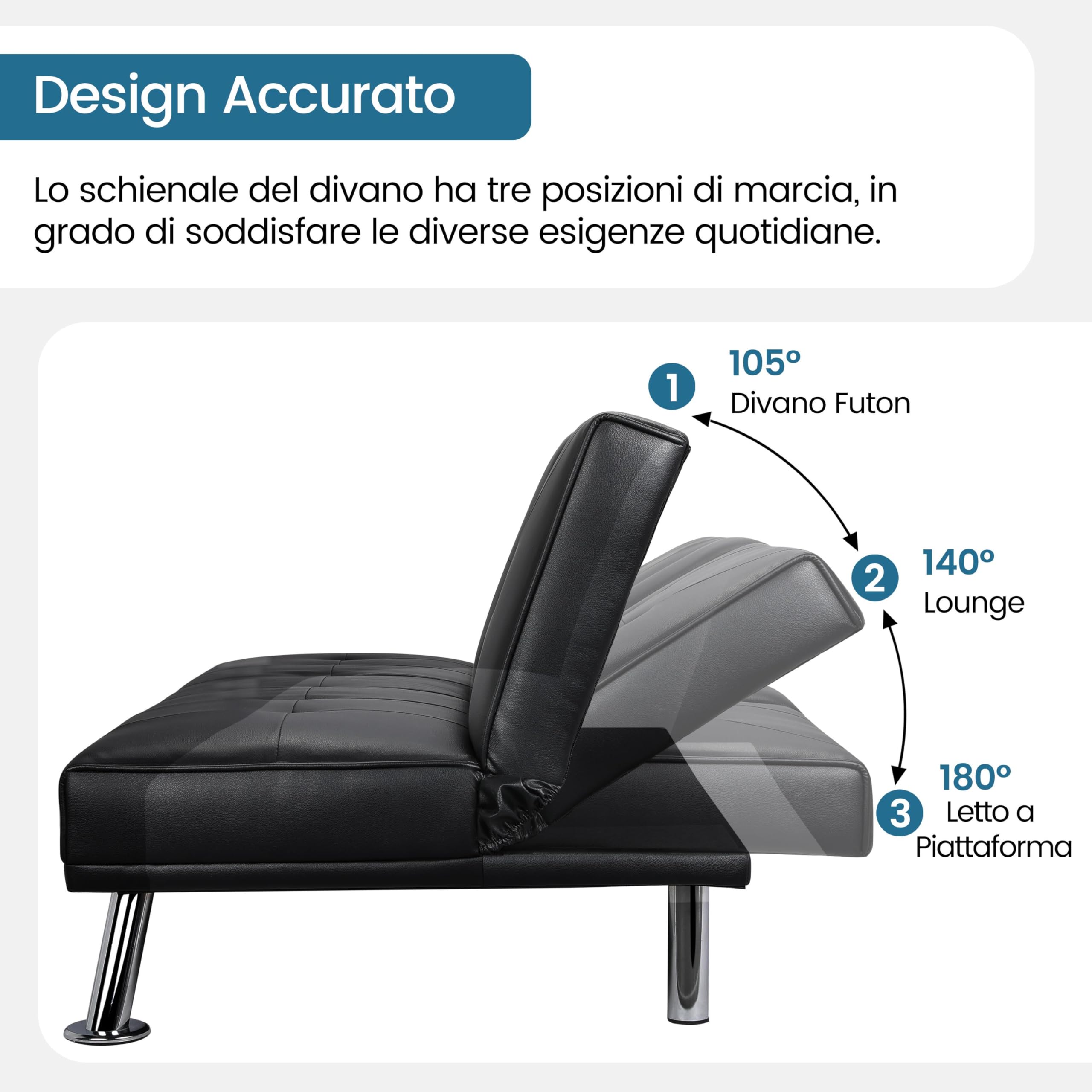Yaheetech Divano Letto con 2 Cuscini Mobile in Ecopelle Divano Convertibile in Letto Arredamento Pieghevole 3 in 1 con Supporto Centrale Porta Bicchieri 167 × 81,5 × 75 cm da Soggiorno Nero