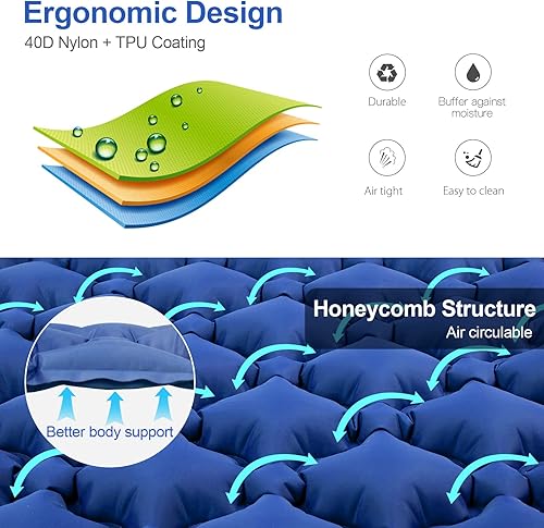 Miniatura 5 de Night Cat Colchoneta inflable doble para dormir con bomba de pie y almohada doble para camping, mochilero, senderismo, ultraligera, compacta,