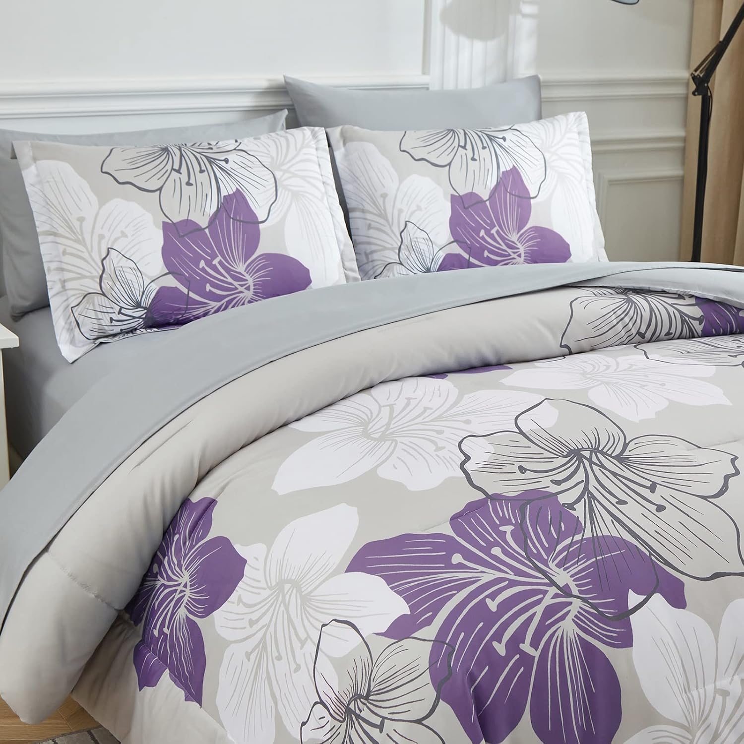 Luxudecor Floral California King Size Comforter Set, 7 Pieces Purple Floral Bed in a Bag Comforter and Sheet Set, Soft Microfiber Cal King Complete Bedding Sets for All Seasons 104"×96"