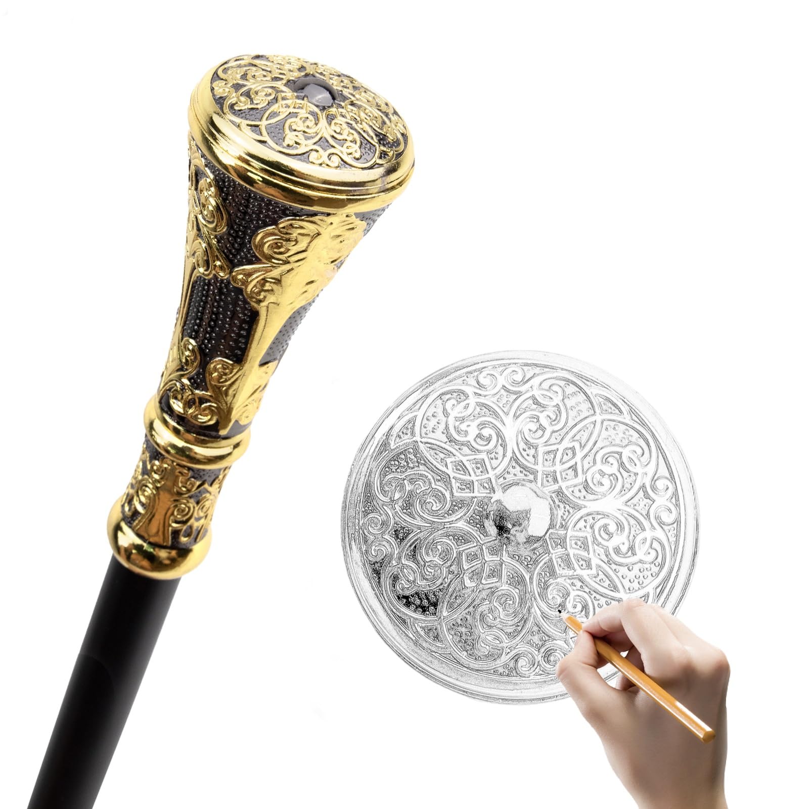 Bastón de Moda con Mango Redondo y Flor Negra Dorada de 36 Pulgadas, para Fiestas, Decorativo Elegante con Pomo