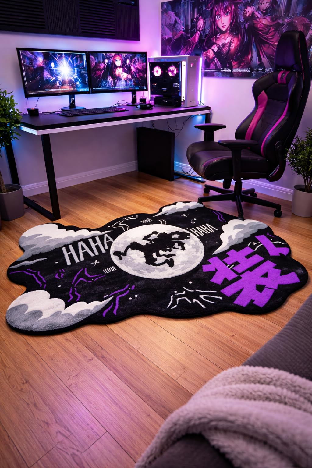 Hand Tufted Anime Rug with Moon Graphic, Black Purple White, Premium Wool, Modern Anime Style Floor Mat for Gaming Room-image-29