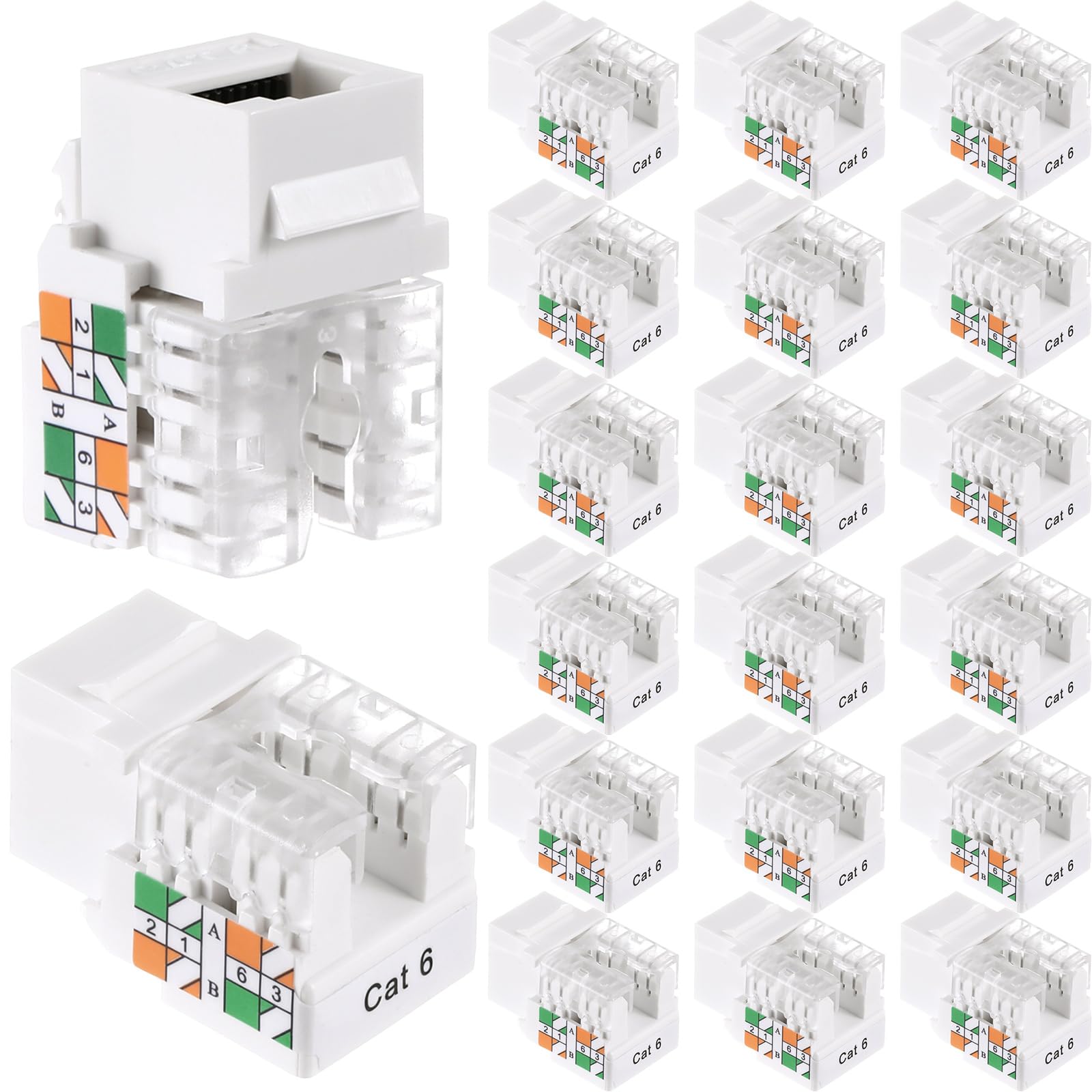 Hoteam 100 Pack Cat6 Cable RJ45 Keystone Jack UTP Modular Ethernet Jack Insert 90-Degree, Punch Down Keystone Jack Adapter for Secure Connection (Clear)