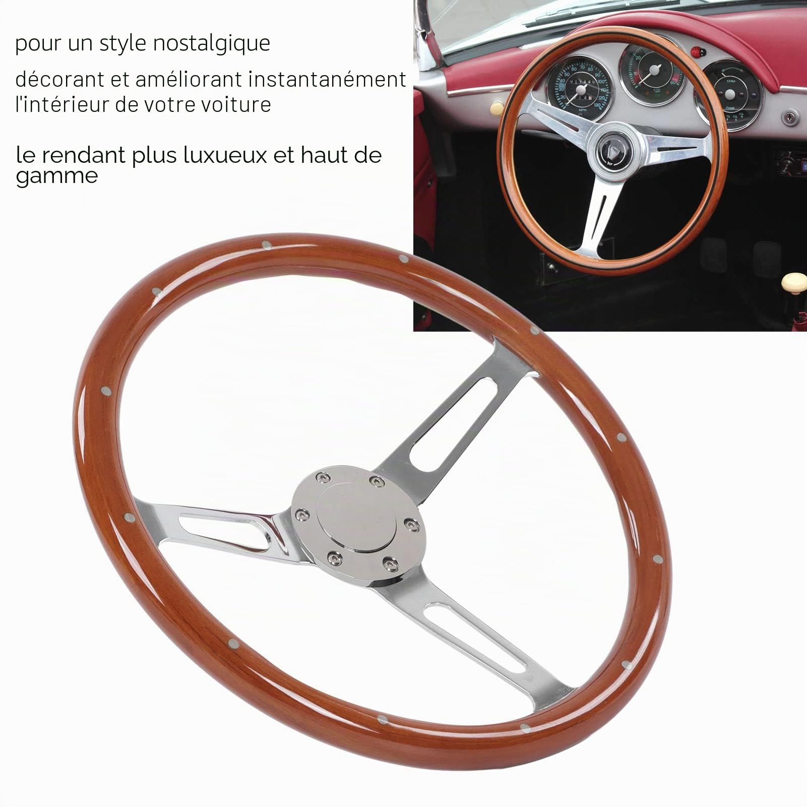 Bediffer Volant Vintage, Volant en Bois de 380 Mm de Diamètre pour Assemblage de Style Nostalgie Poignée Universelle en Noyer pour Modification de Voiture(Brun), Modification/rénovation