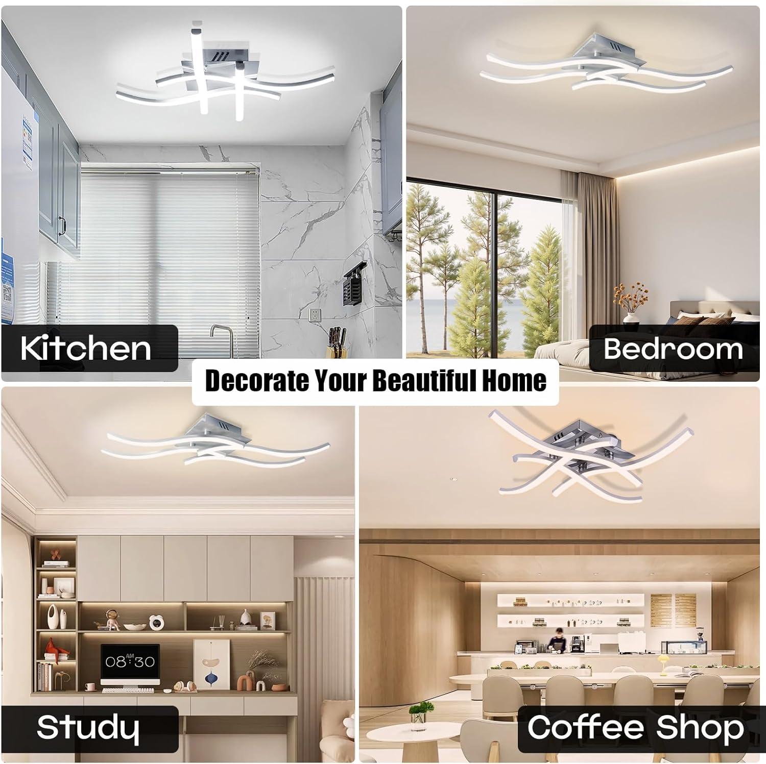 27.5Inch Modern LED Ceiling Light Fixture, 36W Stepless Dimming Curved Wave Ceiling Lamp with Remote for Bedroom, Kitchen, Hallway, Foyer Library Dining Room Silver