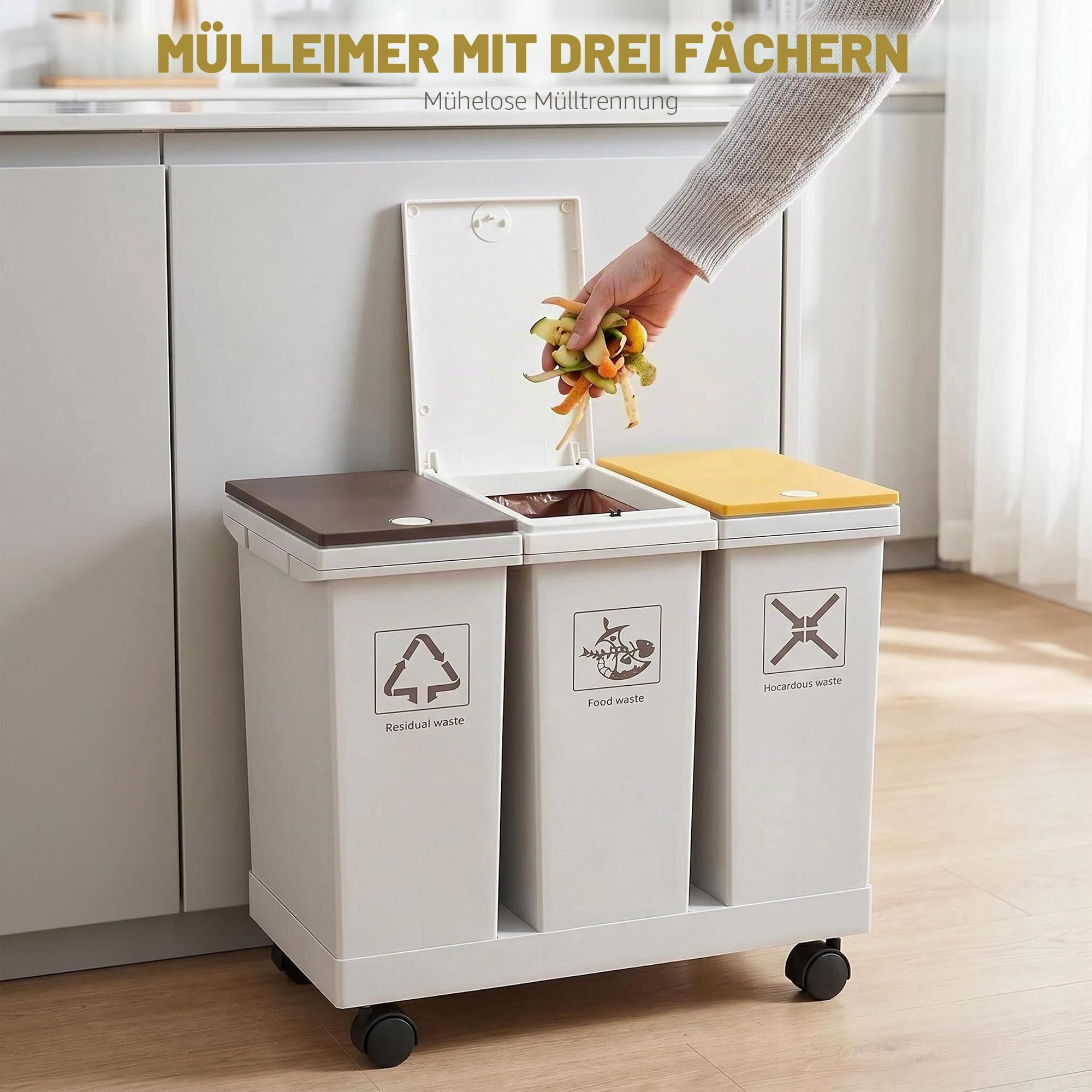 Mobiles Mülleimer Küche 3 x 12 L mit Rollen Mülltrennsystem 3 Fächer | mit Druckdeckeln für Zuhause und Büro Abnehmbarer Trash Can für Küchenabfälle Plastik Papier und Glas