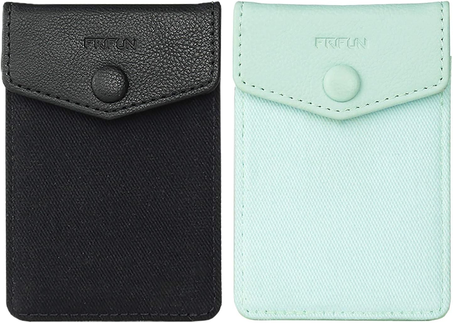 Card Holder for Back of Phone with Snap Ultra-Slim Self Adhesive Phone Wallet Stick On Cell Phone RFID Blocking Sleeve Covers Credit Cards and Cash (Black + Mint) 2packs