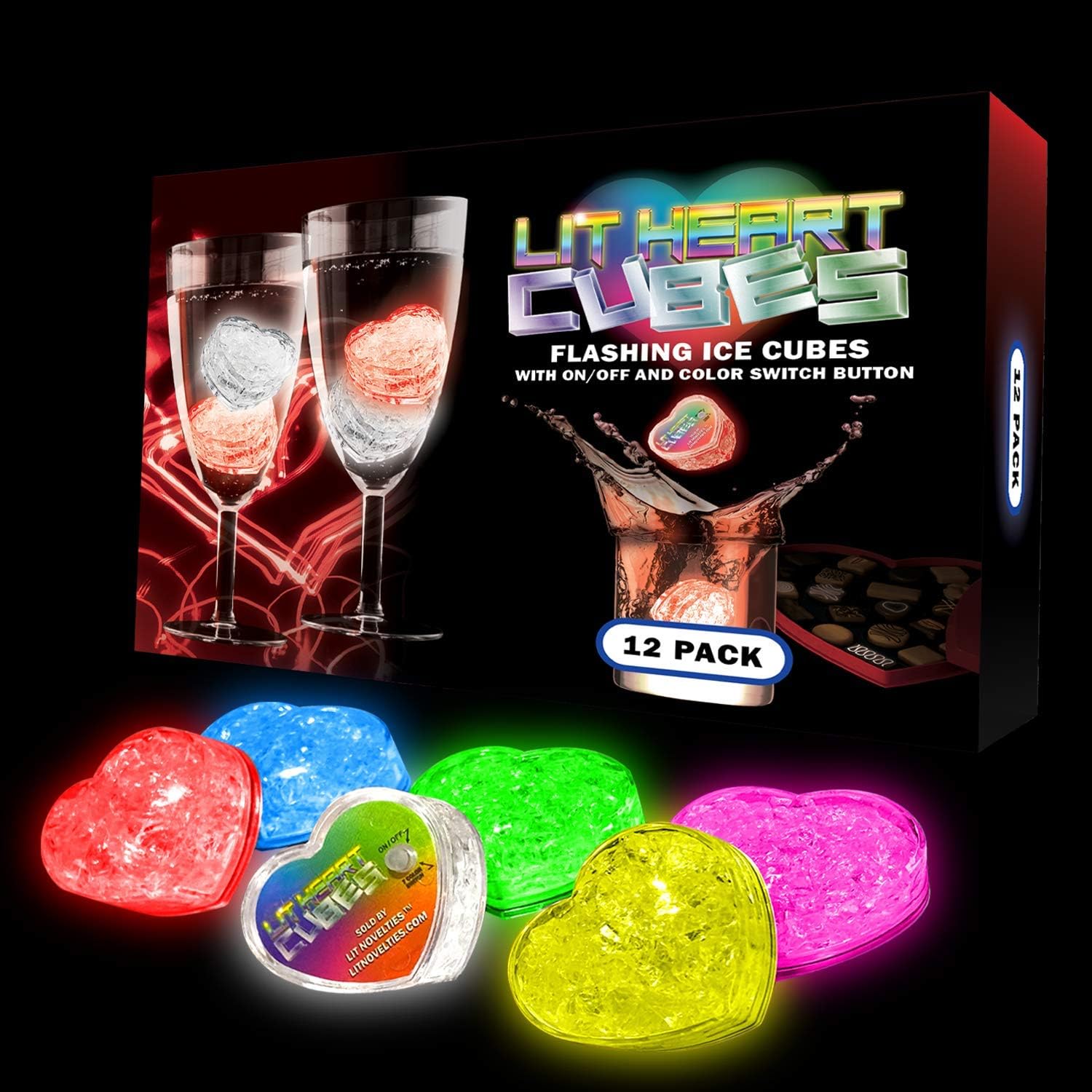 Lit Heart Cubes - (12 Pack) Premium LED Light Up Ice Cubes with 7 Color Light Settings and On and Off Switch by LIT NOVELTIES