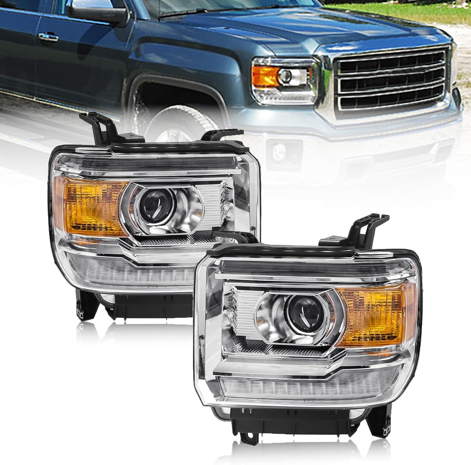LED DRL Headlight Assembly Compatible with 2014-2018 GMC Sierra 1500, 2015-2019 GMC Sierra 2500HD 3500HD w/Bulbs & Wiring Harness, Replacement Pair Headlamp, Chrome Housing Amber Reflector