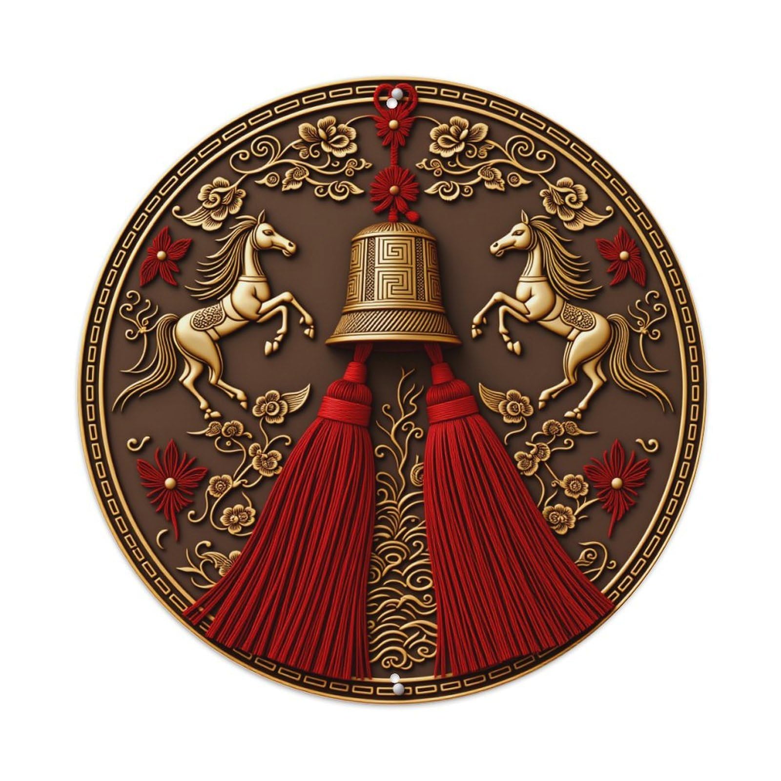 Golden Horses Bell Flowers Tassels Round Tin Sign Vintage Style Metal Sign Home Bar Garden Wall Plaque Decor Metal Poster 8x8 Inch
