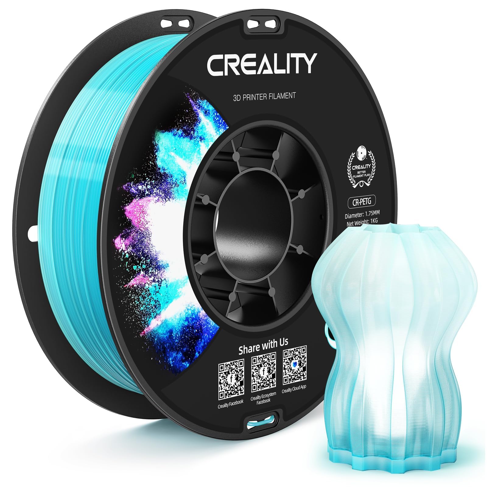 CREALITY PETG Filament 1.75mm 3D Printer Filament, Translucent Dual Color Gradient Blue to White, 1kg (2.2lb) Neatly Wound Spool, Dimensional Accuracy ±0.03mm, Gradient Blue White