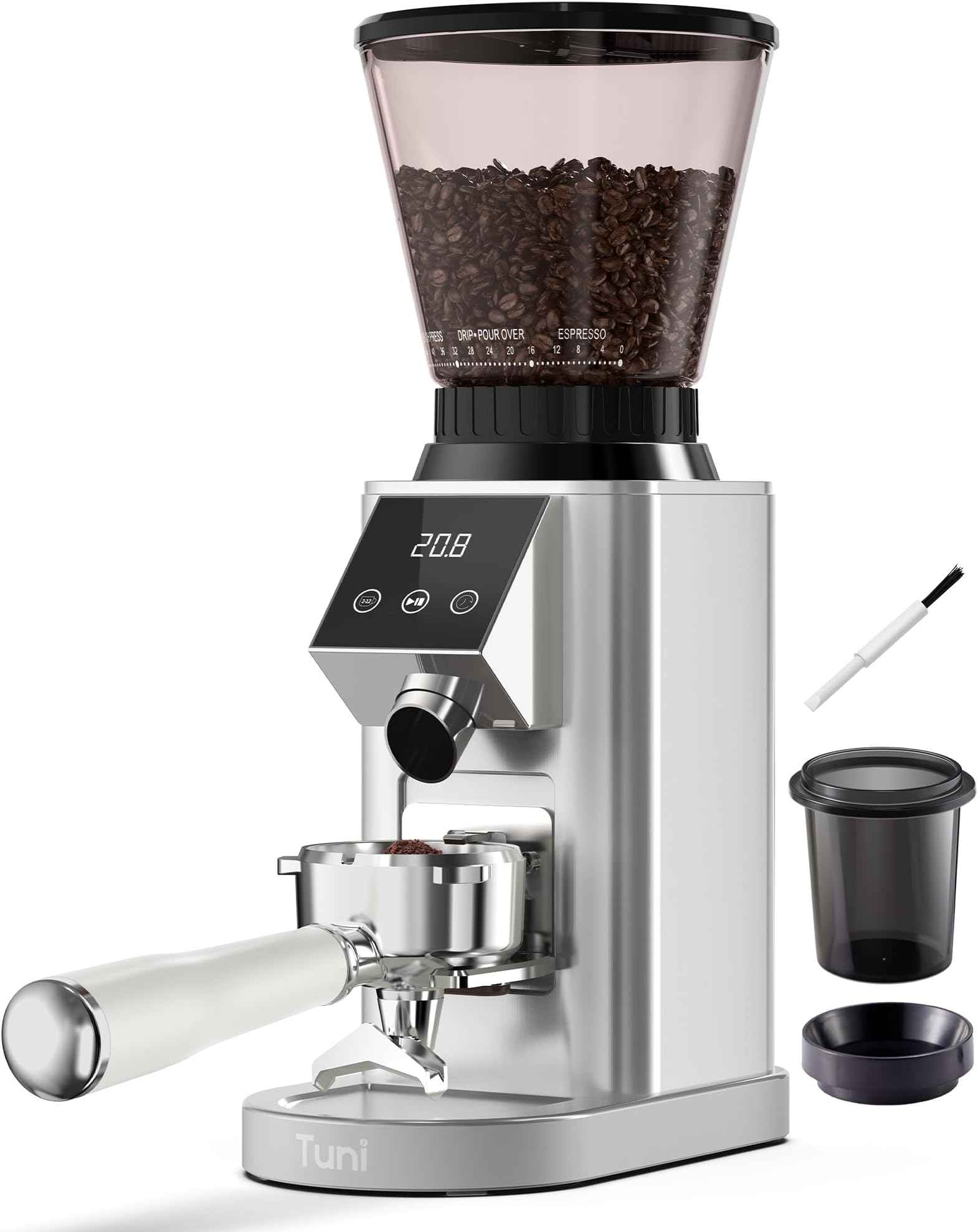 G1 Conical Burr Coffee Grinder, 48 Grind Settings Anti-static Burr Mill, Precision Electronic Timer and LED Touchscreen for Espresso/Drip/Cold Brew/French Press, Stainless Steel, Silver