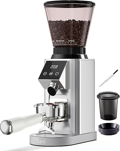 Tuni G1 Molinillo de café con rebabas cónicas, 48 ajustes de molienda, molinillo de fresas antiestáticas, temporizador electrónico de precisión y