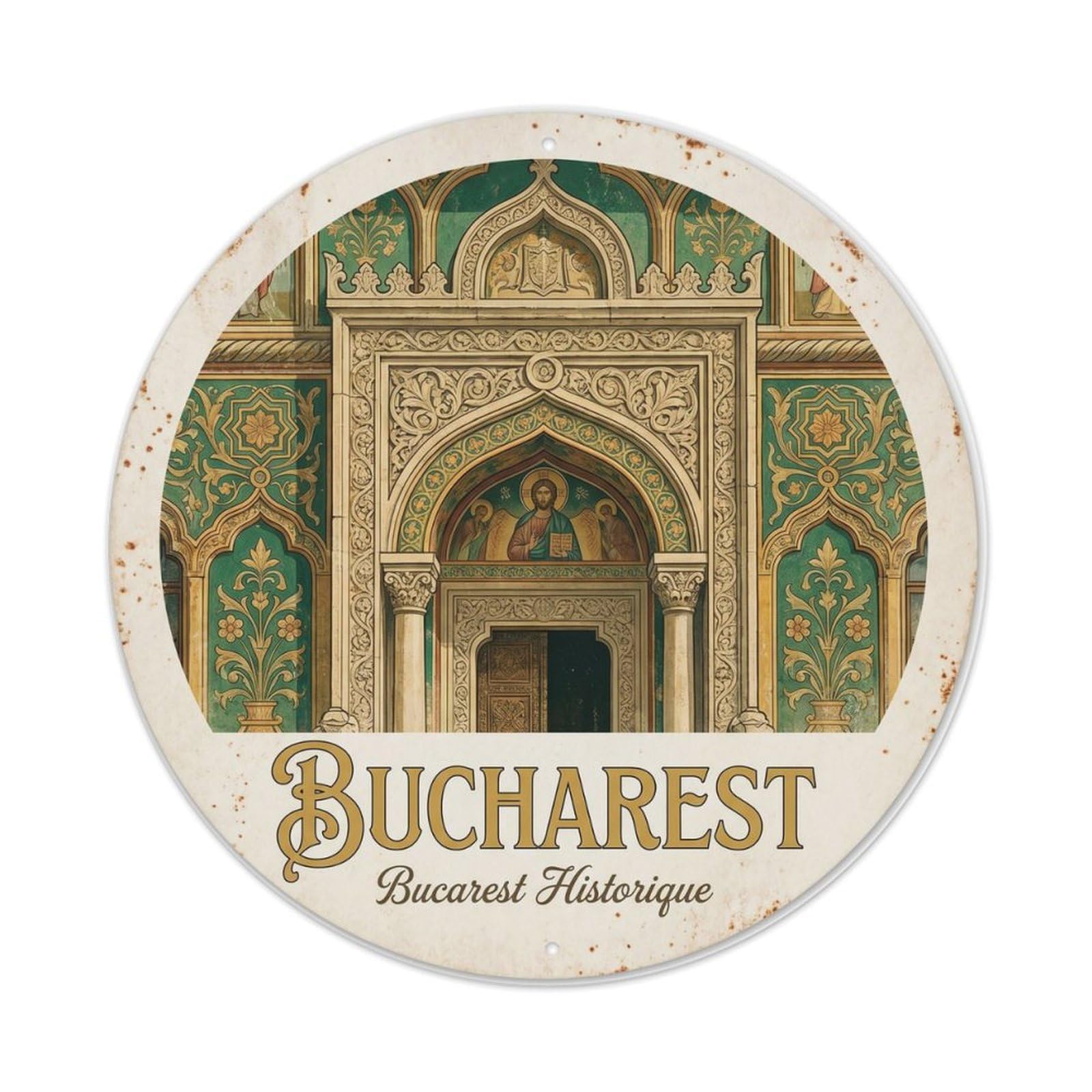 Fqcyn Style Vintage Travel Bucharest Monastery Souvenir Metal Tin Sign