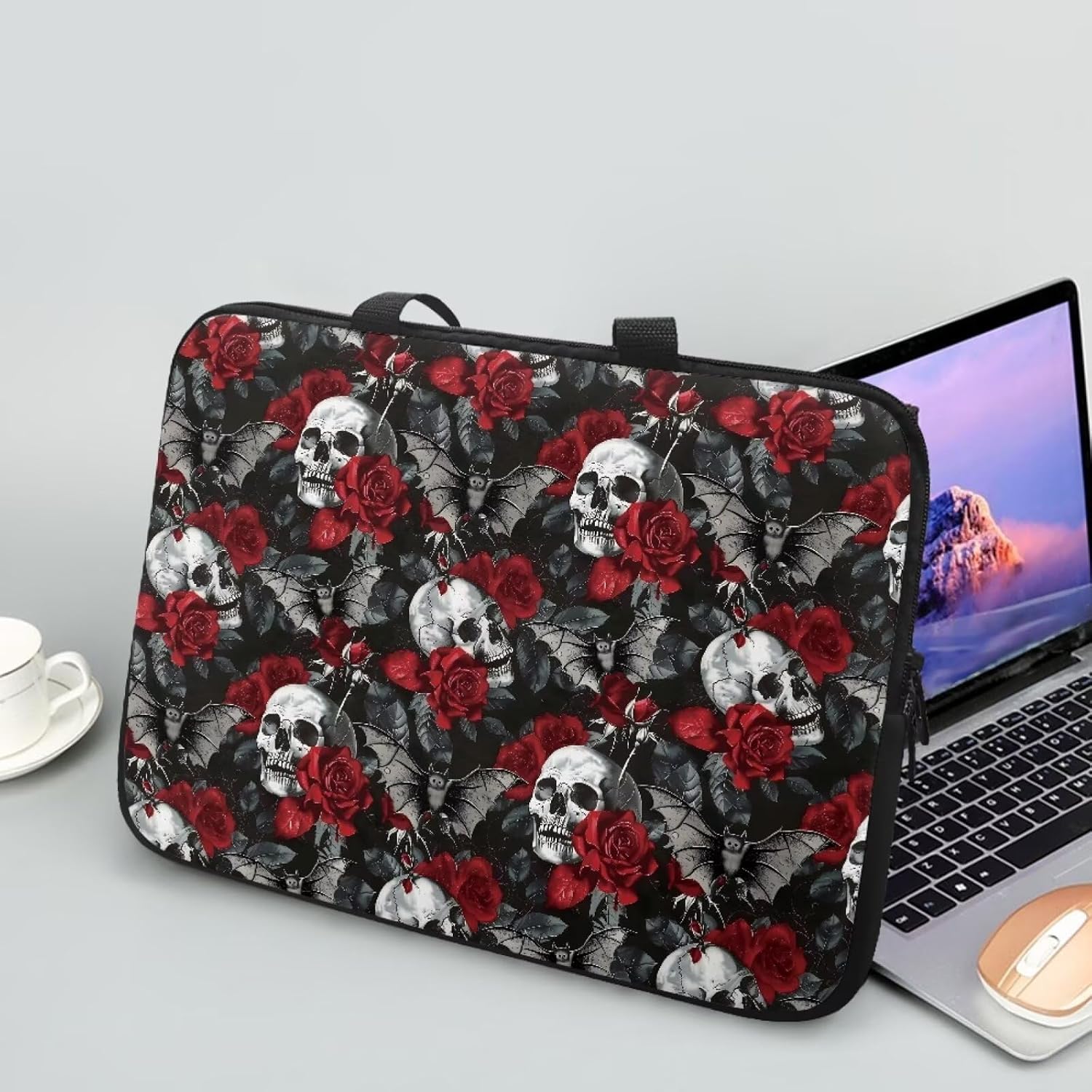 Skull Bat Red Rose Print Laptop Sleeve Polyester Laptop Case for Women Men Portable Computer Protector Travel Carrying Bag Briefcase for 10-17 Inch Tablet, 15inch image 2