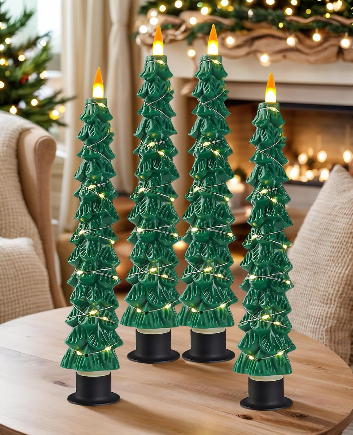 Xmas Tree LED Flameless Taper Candles with Remote Control Timer 9.5‘’ Battery Operated Candle with String Lights 2Pcs for Christmas Gift or Special Festivals Decorations