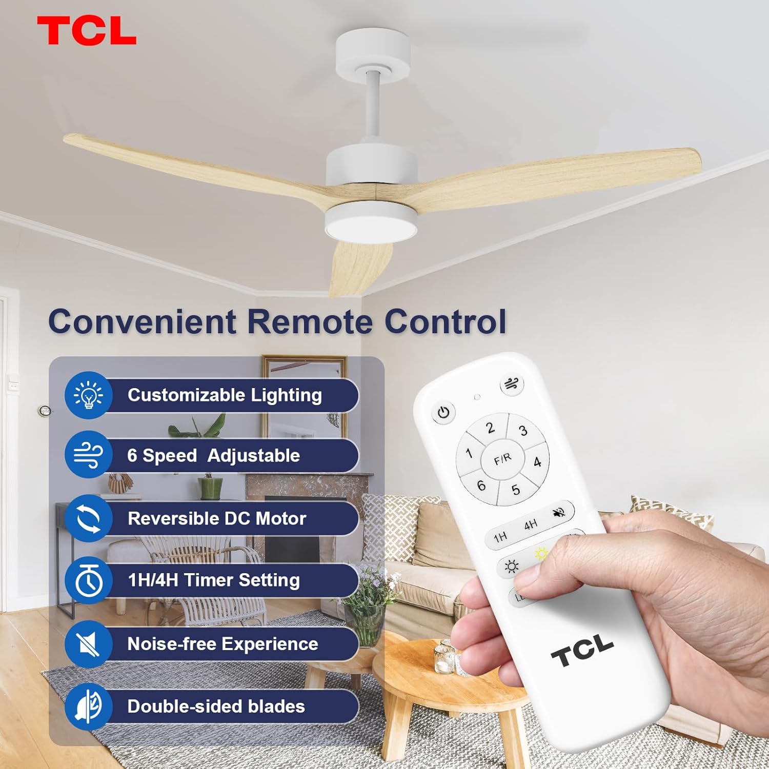 TCL Ceiling Fans with Light and Remote: 52 inch 3 Blades Dimmable LED Fan for Room Indoor Modern Farmhouse Decor - 6 Speed DC Reversible Wooden Fan Lights for Summer and Winter (Natural Wood, 52 Inch) Natural Wood 52 Inch