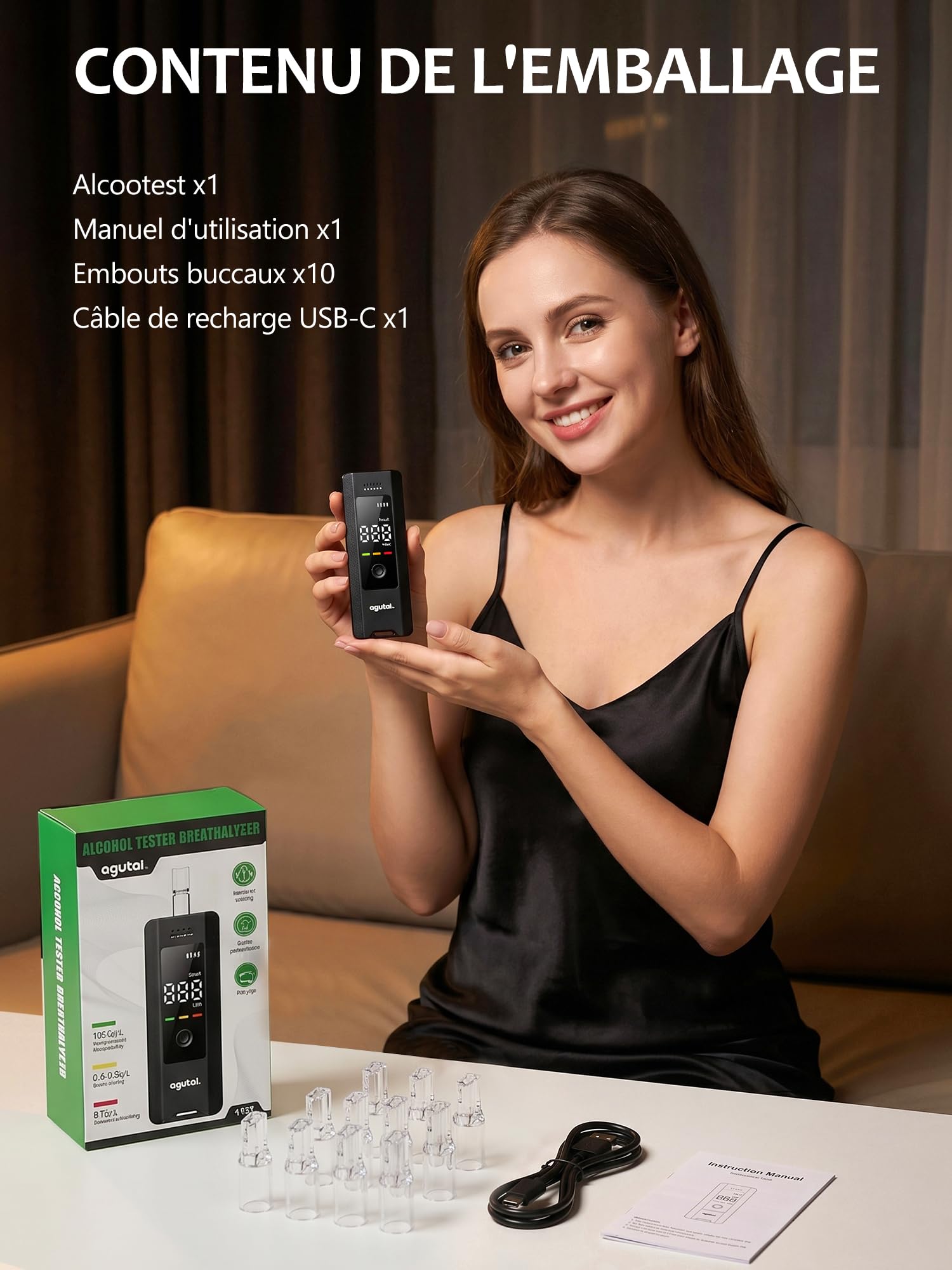 Ethylotest Electronique Homologué Alcootest Professionnel : Éthylomètre Haute Précision de Qualité avec Affichage Numérique LCD -Éthylotest Portable Testeur d'alcool USB C Rechargeable avec 10 embouts