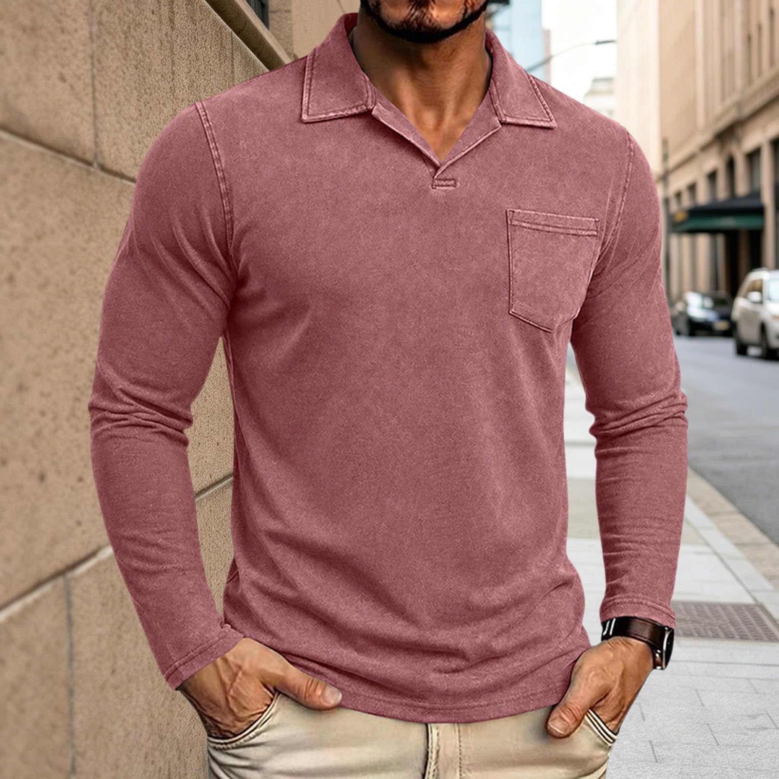 Polo da uomo in lino con scollo a V aperto - Camicetta a maniche lunghe con