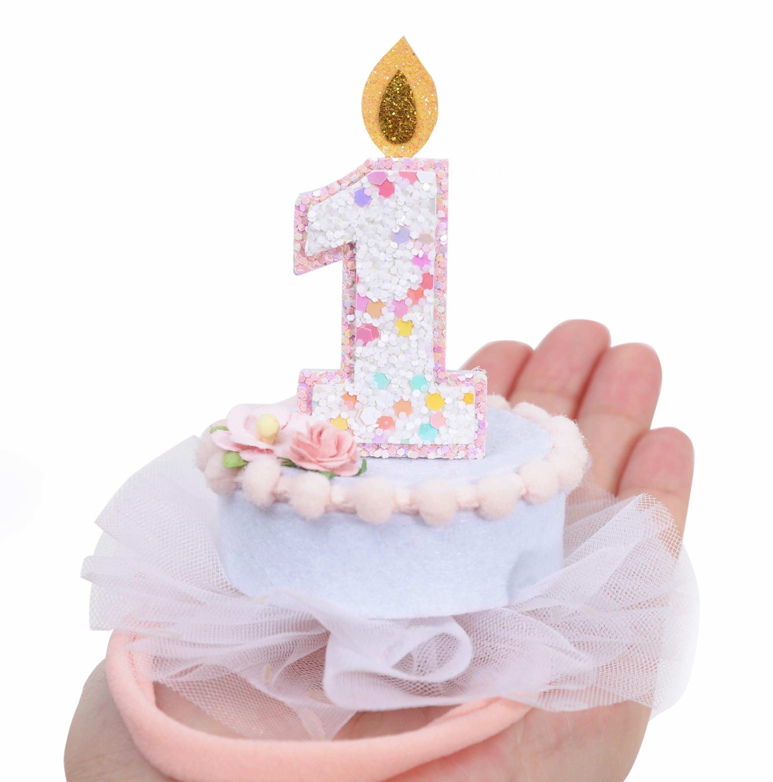 BASCT 1st Birthday Cake Headband for Girls - 1st Birthday Crown Hair Bow, 1st Birthday Girls Hair Accesserioes, Happy Birthday Cake with Candles Hairband, Girls Birthday Hair Bow, Small